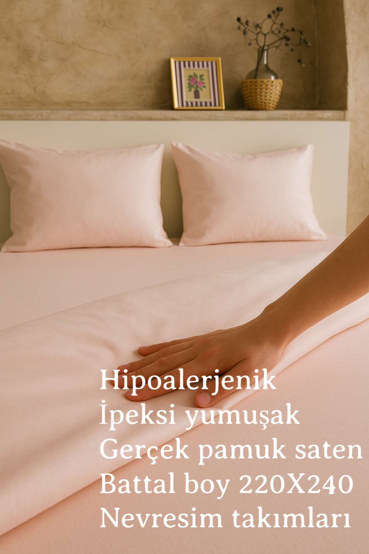 homewell Premium Doğal Pamuk Saten Battal Boy Nevresim Takımı 220x240 Pudra –Hipoalerjenik, İpeksi Yumuşak