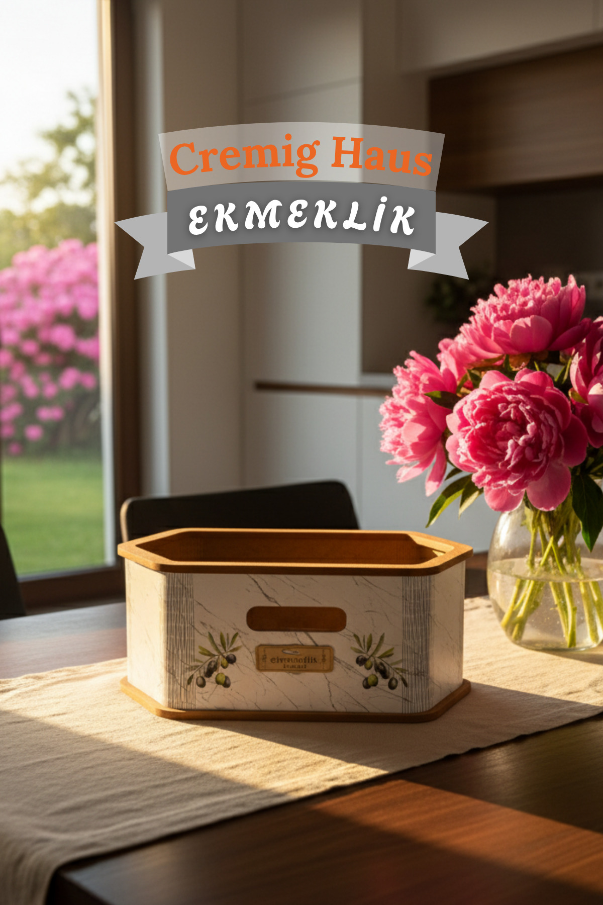 CremigHaus Geleneksel Tasarım Kapaklı Büyük Ekmeklik Altıgen Ahşap Ekmek Sepeti Mermer Desenli