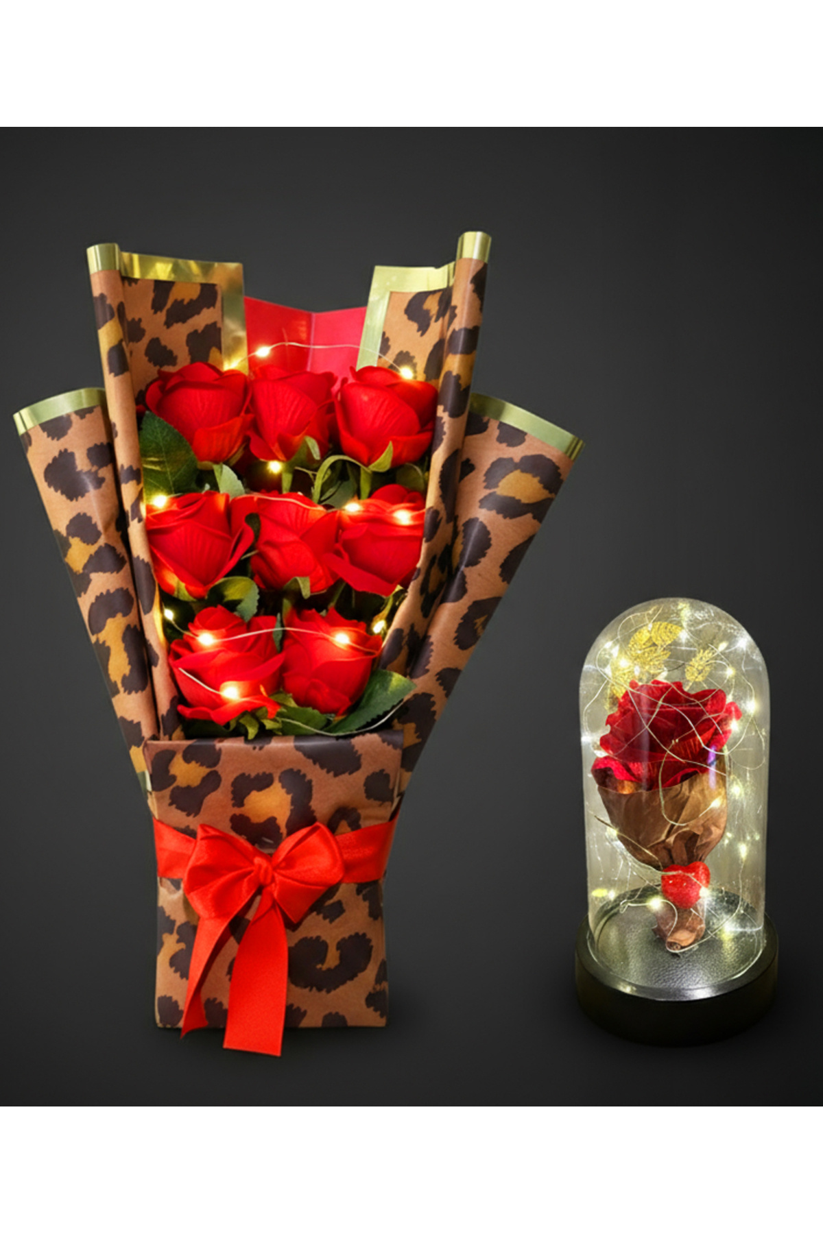 Linalux Gifts Sevgiliye Hediye Seti - Işıklı Buket Kırmızı Gül ve Işıklı Fanusta Mini Kırmızı Gül Buketi - Hediye