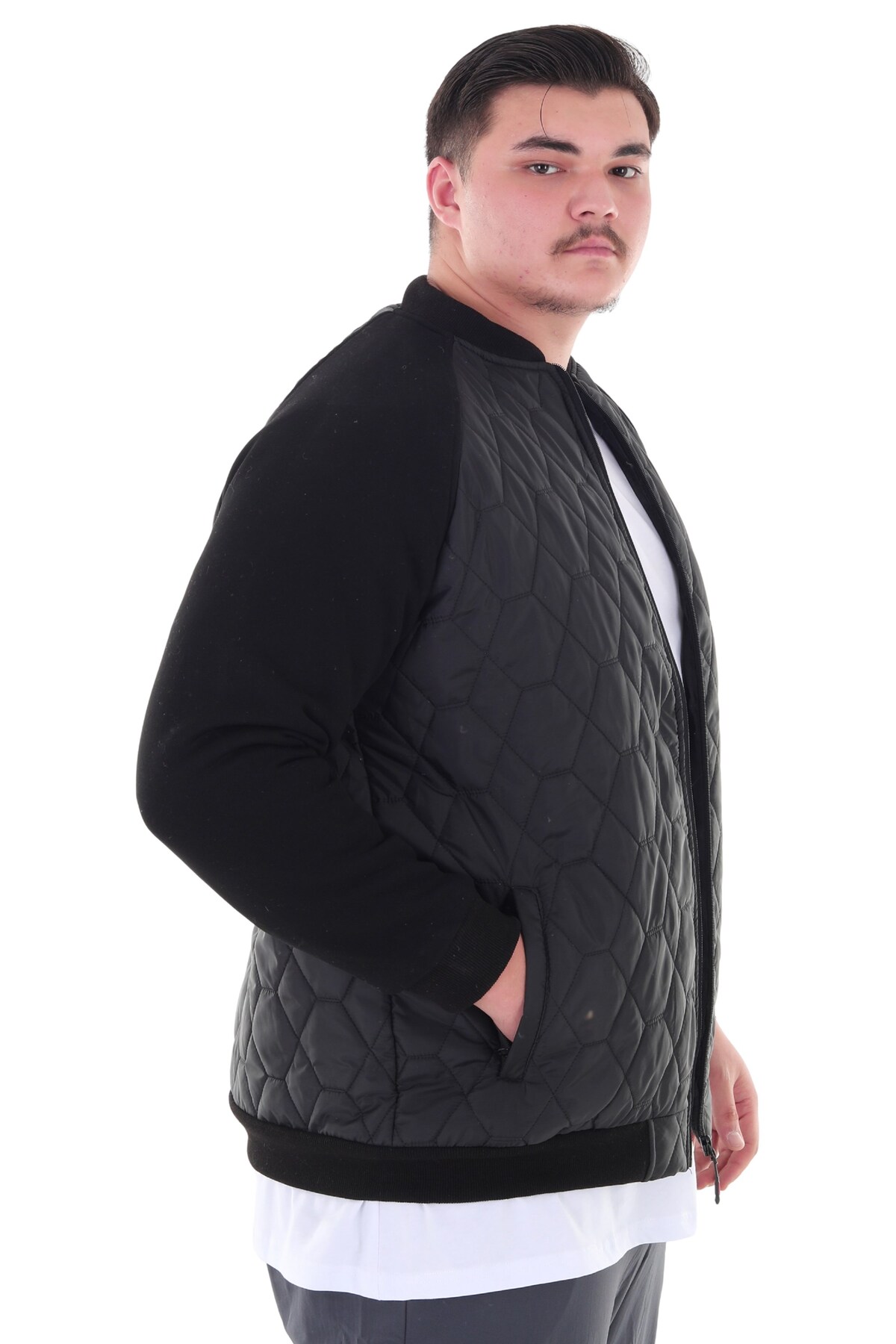marufshop Erkek Büyük Beden 120 Kilo-158 Kilo Arası İçin Uygun Dik Yaka Parçalı Mevsimlik Hafif Mont görsel 4