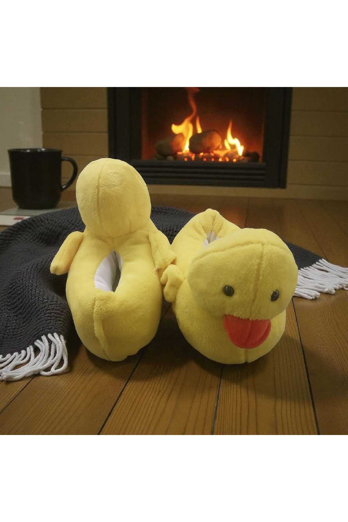 Migenty sarı ördek figürlü kadın panduf süper yumuşak peluş kumaş ev pandufu kaymaz tabanlı yeni sezon görsel 3