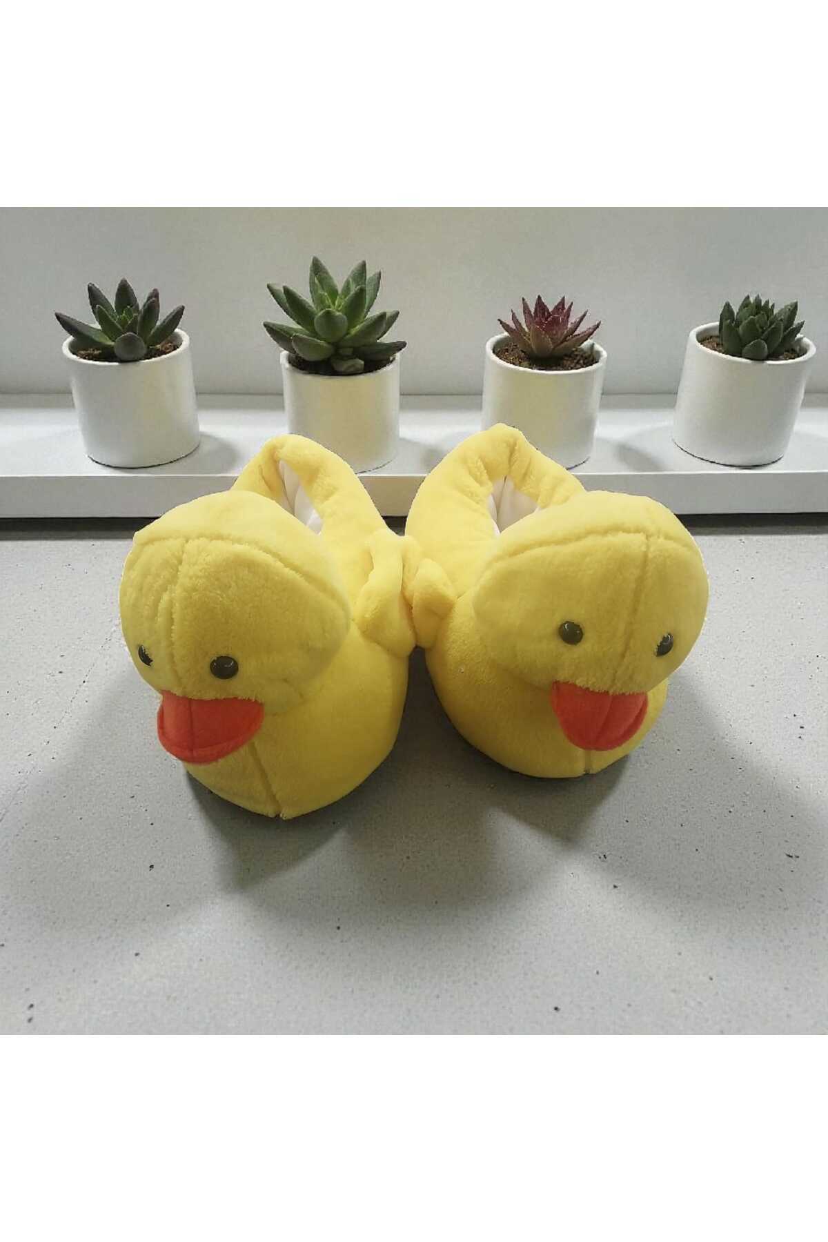 Migenty sarı ördek figürlü kadın panduf süper yumuşak peluş kumaş ev pandufu kaymaz tabanlı yeni sezon görsel 5