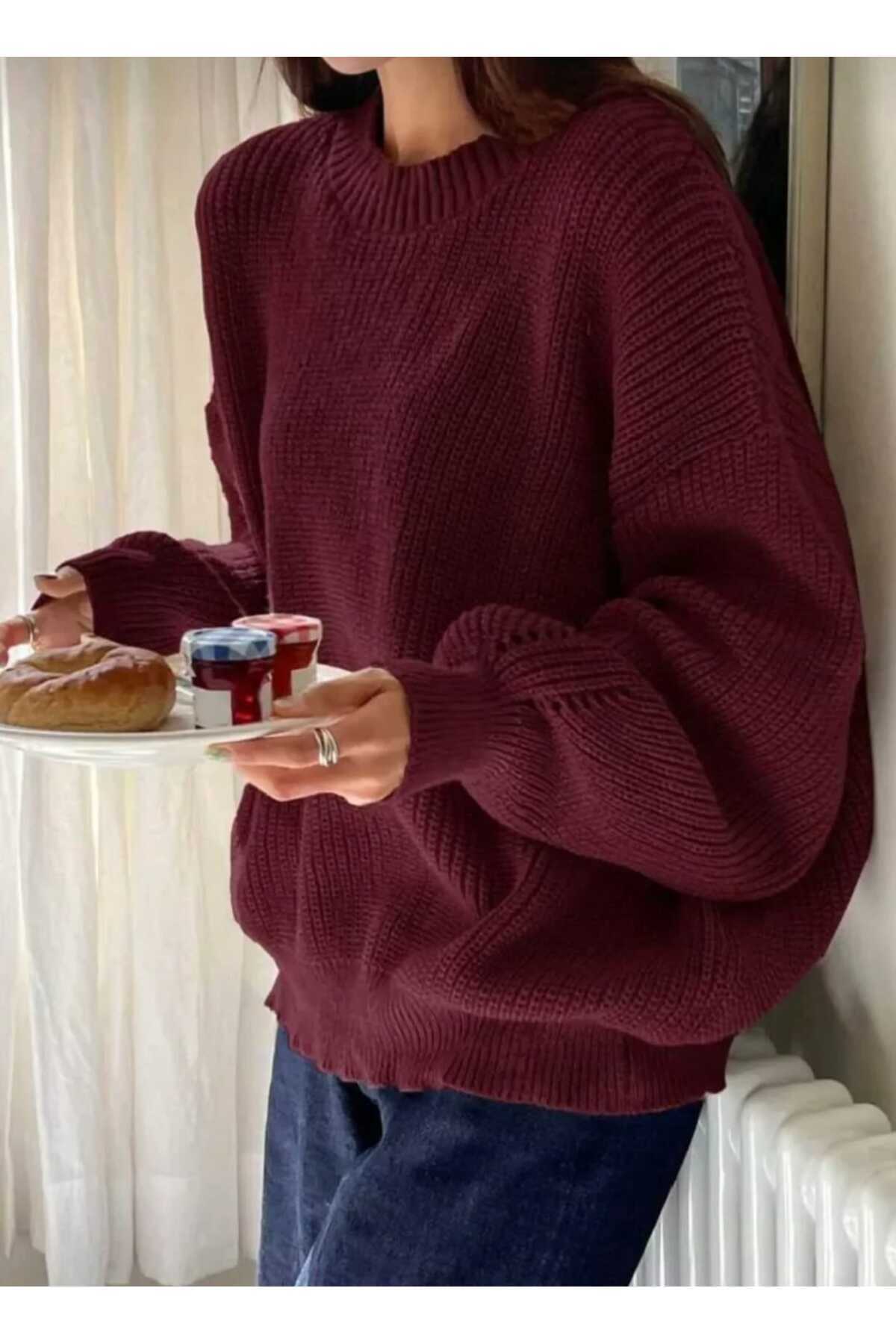 Genel Markalar  Bordo Bisiklet Yaka Oversize Kadın Triko Kazak - Görsel 3