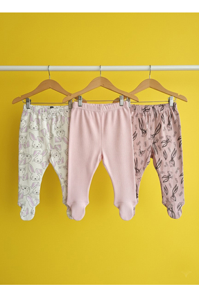 Jasminya 3 Lü Kız Bebek 0-3 Ay Patikli Pijama Altı (3 Lü Avantaj Paket)