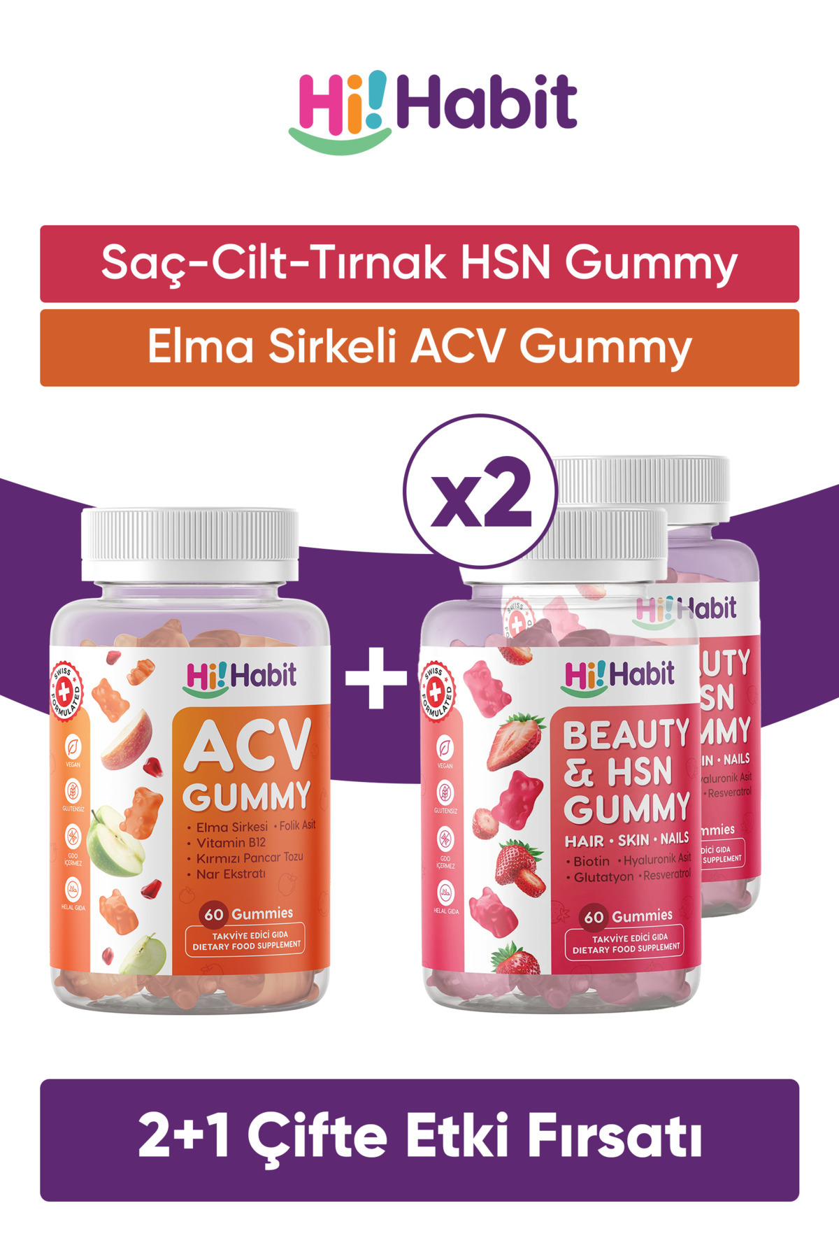 Hi Habit Hsn Saç, Cilt Ve Tırnak Vitamini - Acv Elma Sirkeli Gummy Takviye Edici Gıda Seti