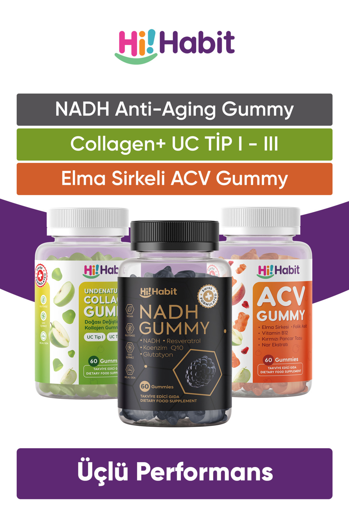 Hi Habit NADH Koenzim Q10 - KOLAJEN Tip1-Tip3 - ACV Elma Sirkesi Takviye Edici Gıda Seti