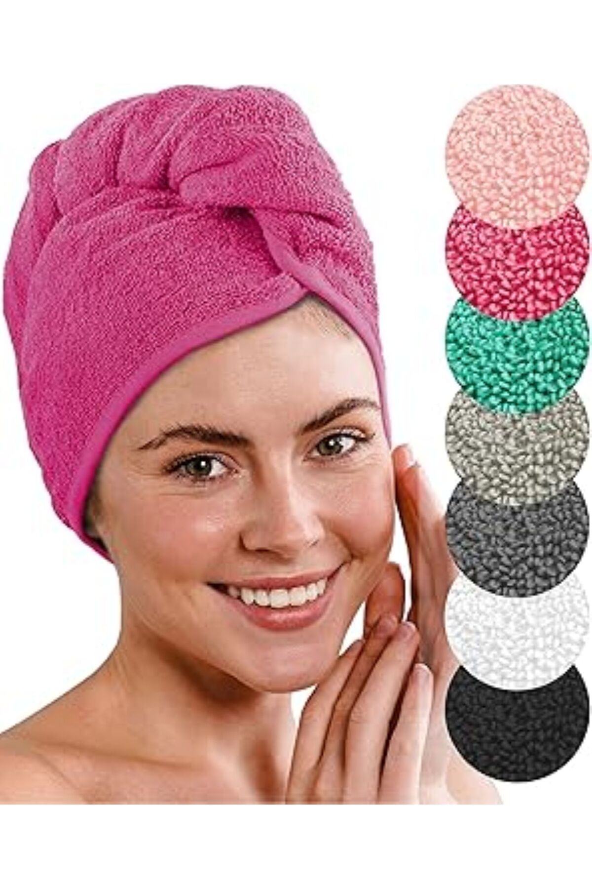 HAIR TOWEL | Hair Towel-Makeup Towel-Acrylic Buttoned - 100% Cotton-Makeup Bonnet-Fuchsia