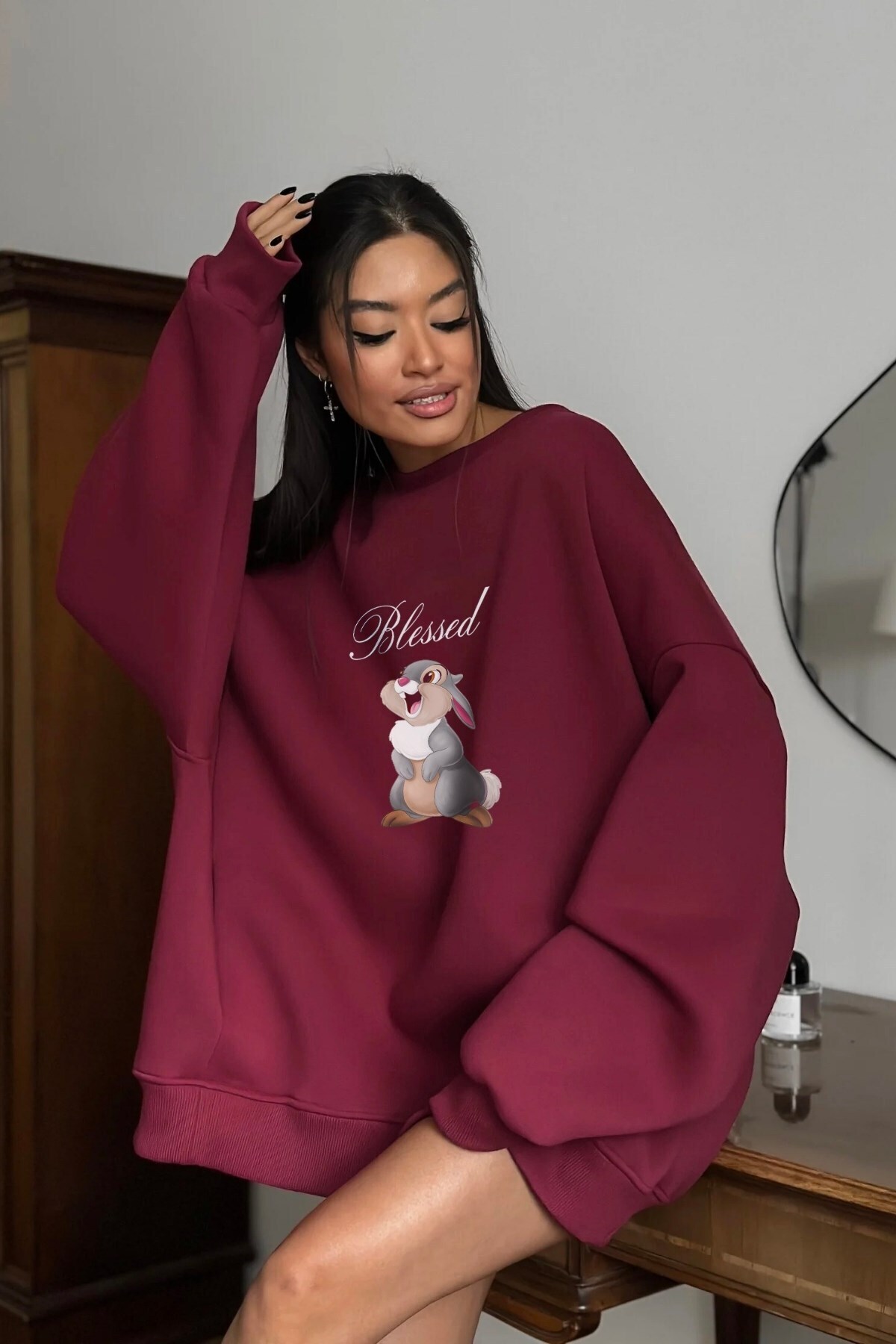 The Champ Clothing Kadın Oversize Sweatshirt Elbise Blessed Bunny Baskılı Bordo, Bisiklet Yaka, 3 İplik Şardonlu Polar görsel 2