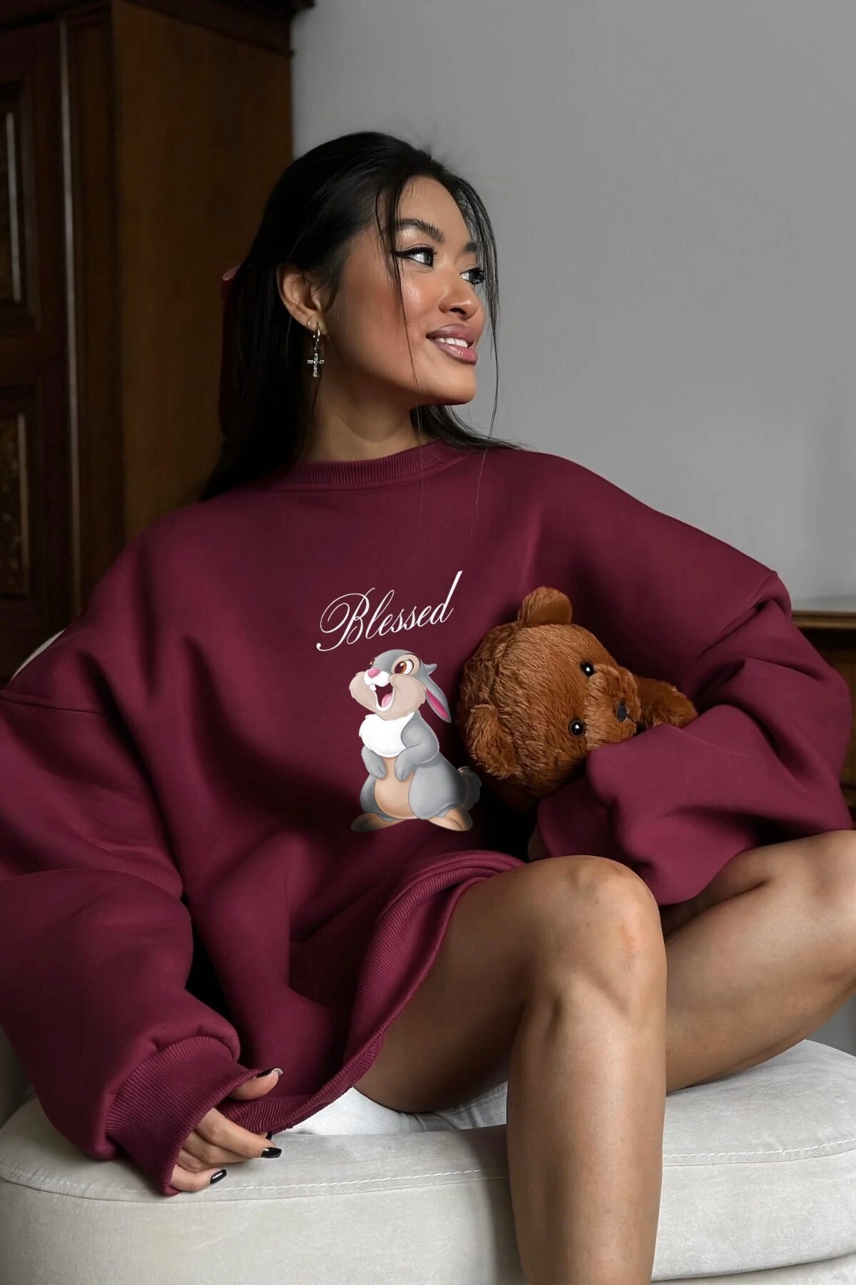 The Champ Clothing Kadın Oversize Sweatshirt Elbise Blessed Bunny Baskılı Bordo, Bisiklet Yaka, 3 İplik Şardonlu Polar görsel 3