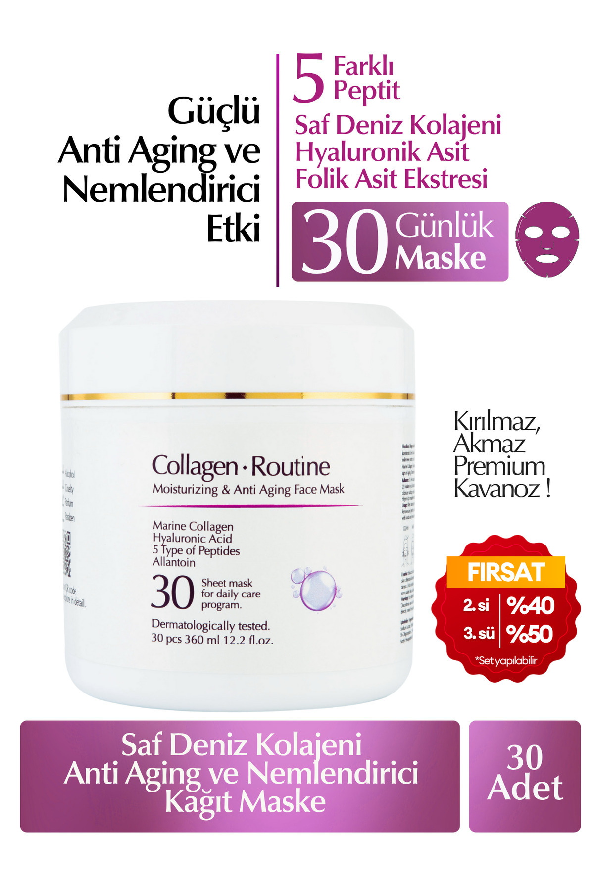 Heraflora Collagen Routine Kolajenli Yaşlanma Karşıtı, Yoğun Nemlendirici Günlük 30'lu Kağıt Maske