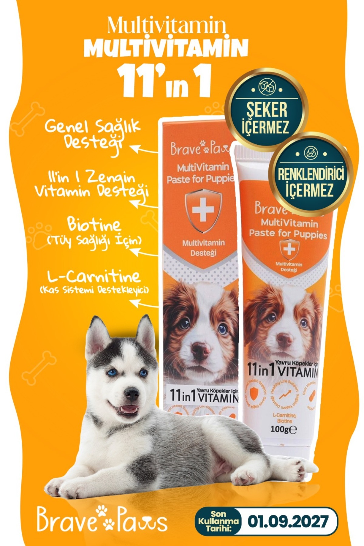 BRAVE PAWS Yavru Köpekler İçin Gelişim Destekleyici Multivitamin – Sağlıklı Büyüme Formülü