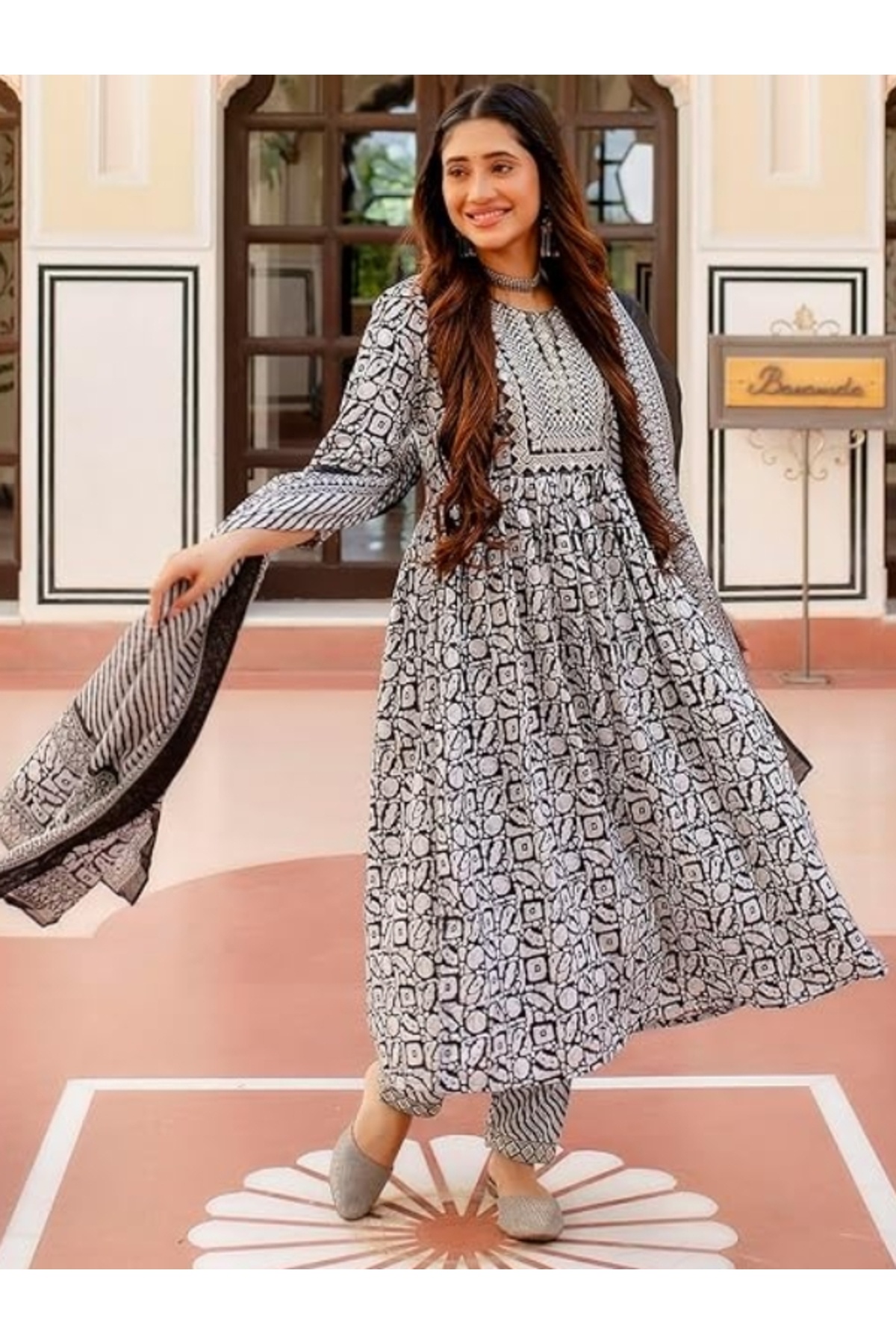 MYSMAR Black Rayon Salwar Kameez Dupatta - ALV1413 | Black-Size:L-40-Inches