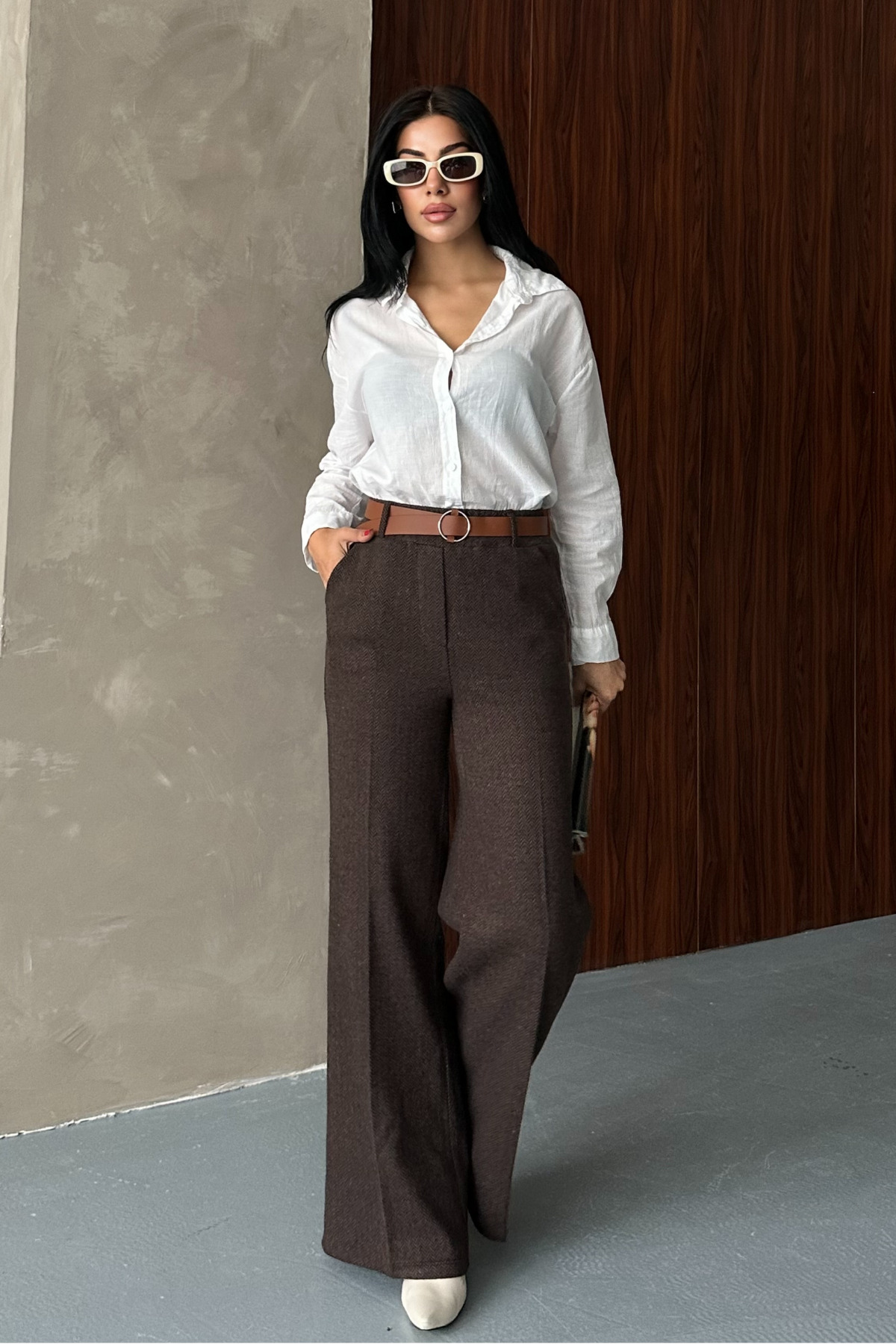 macharel jeans  Kadın Desenli Bol Paça Cepli Kemerli Palazzo Pantolon - Görsel 3