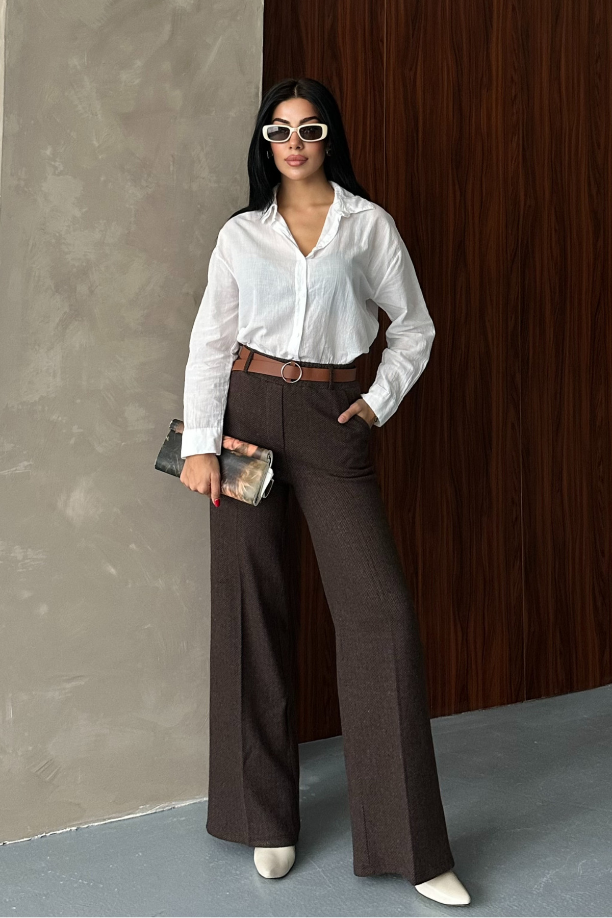 macharel jeans  Kadın Desenli Bol Paça Cepli Kemerli Palazzo Pantolon - Görsel 4