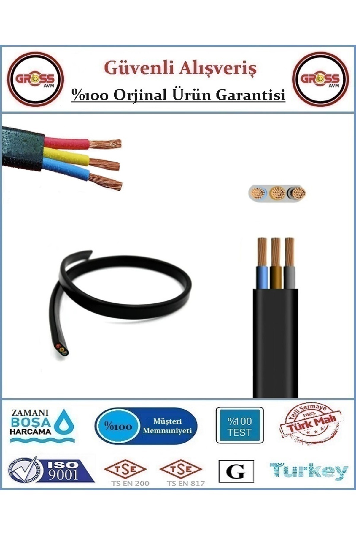 GrossAVM 3x1.5 Ttr Yassı Çarkıt Siyah Elektrik Kablosu - 5 Metre