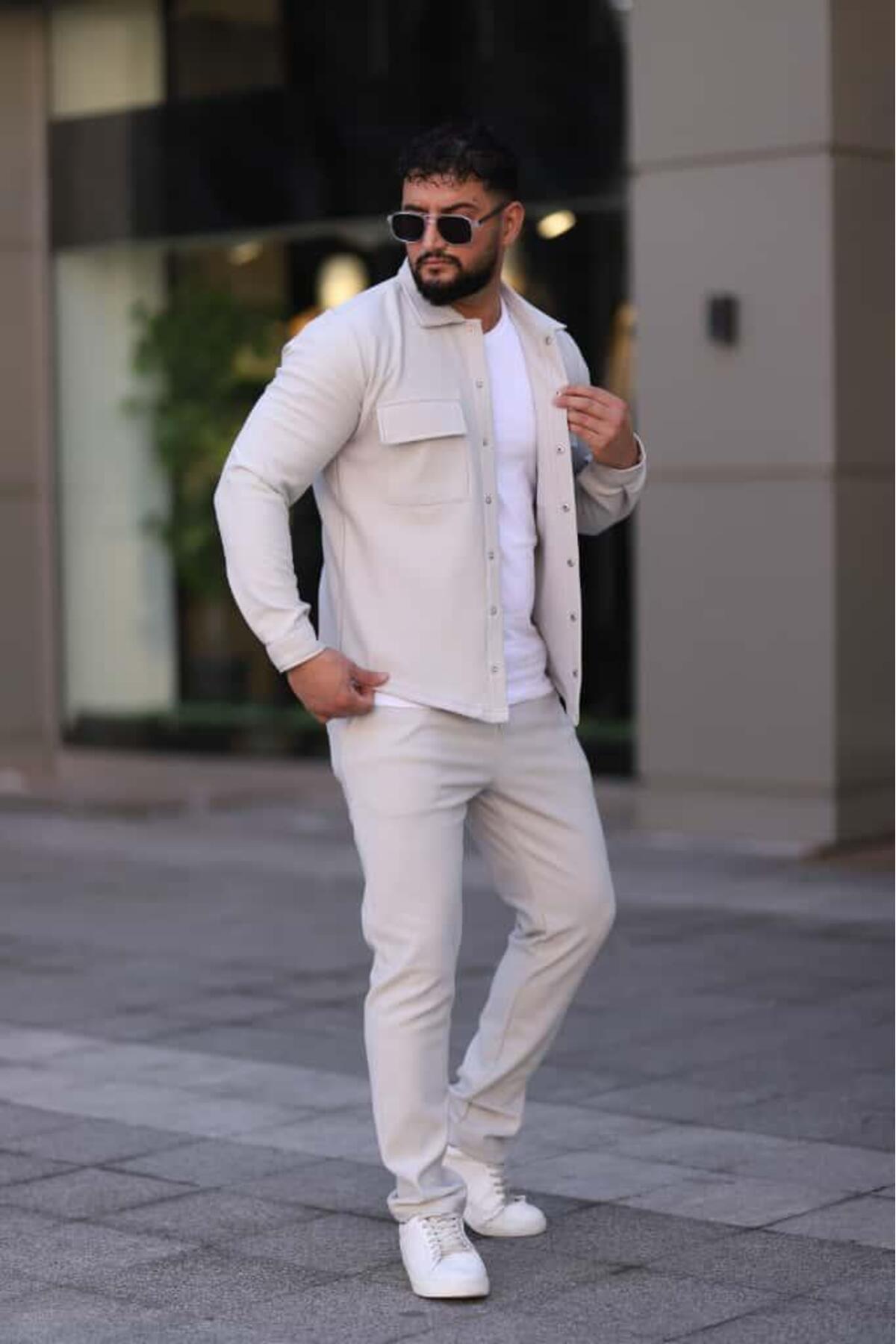 L-KOM Erkek Çift Cepli Şardonlu 2'li Takım Pamuklu Rahat Gömlek & Pantolon Takımı