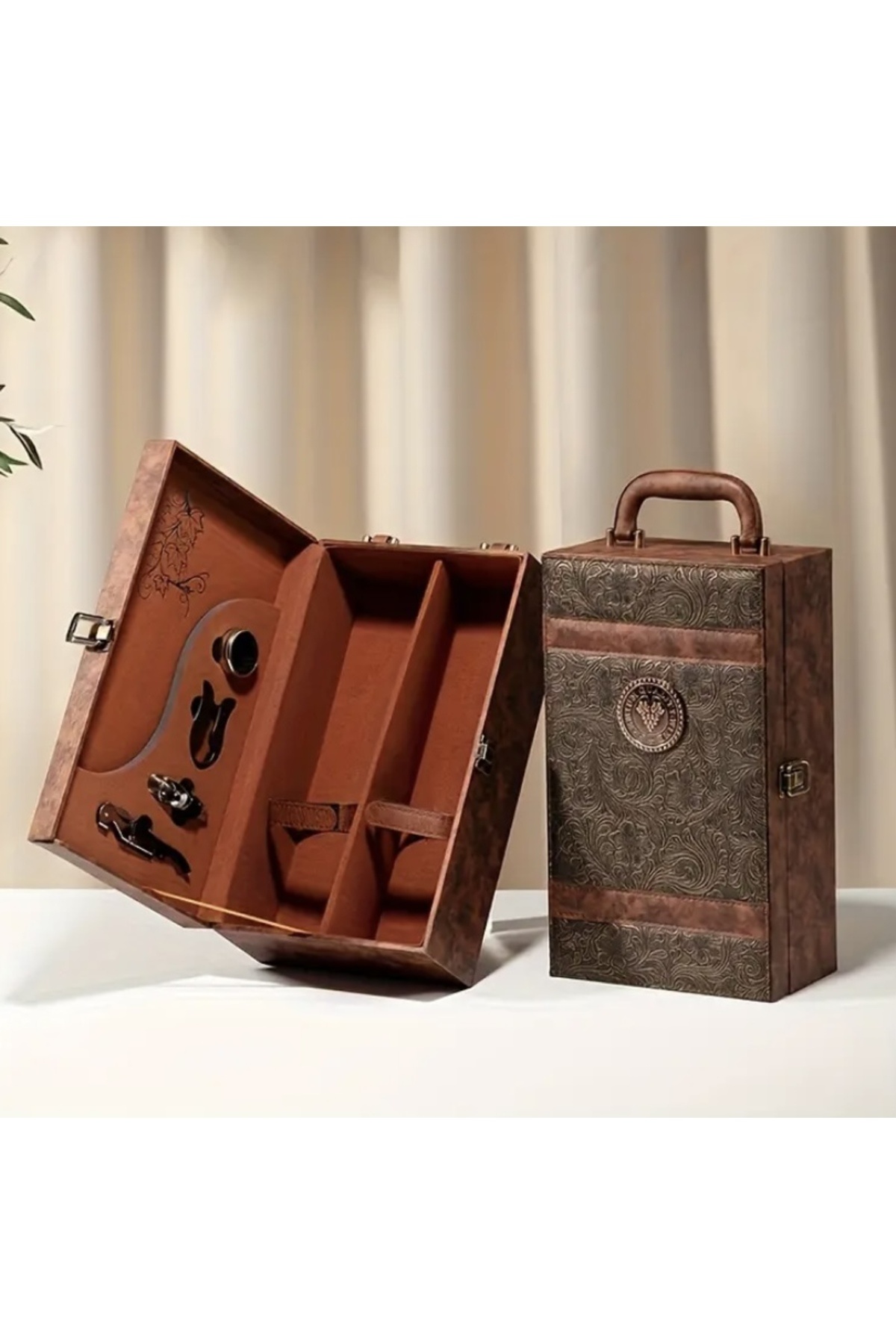 PenaGrup Şık Deri Görünümlü 2’li Şarap Taşıma ve Sunum Seti – Aksesuar Hediyeli