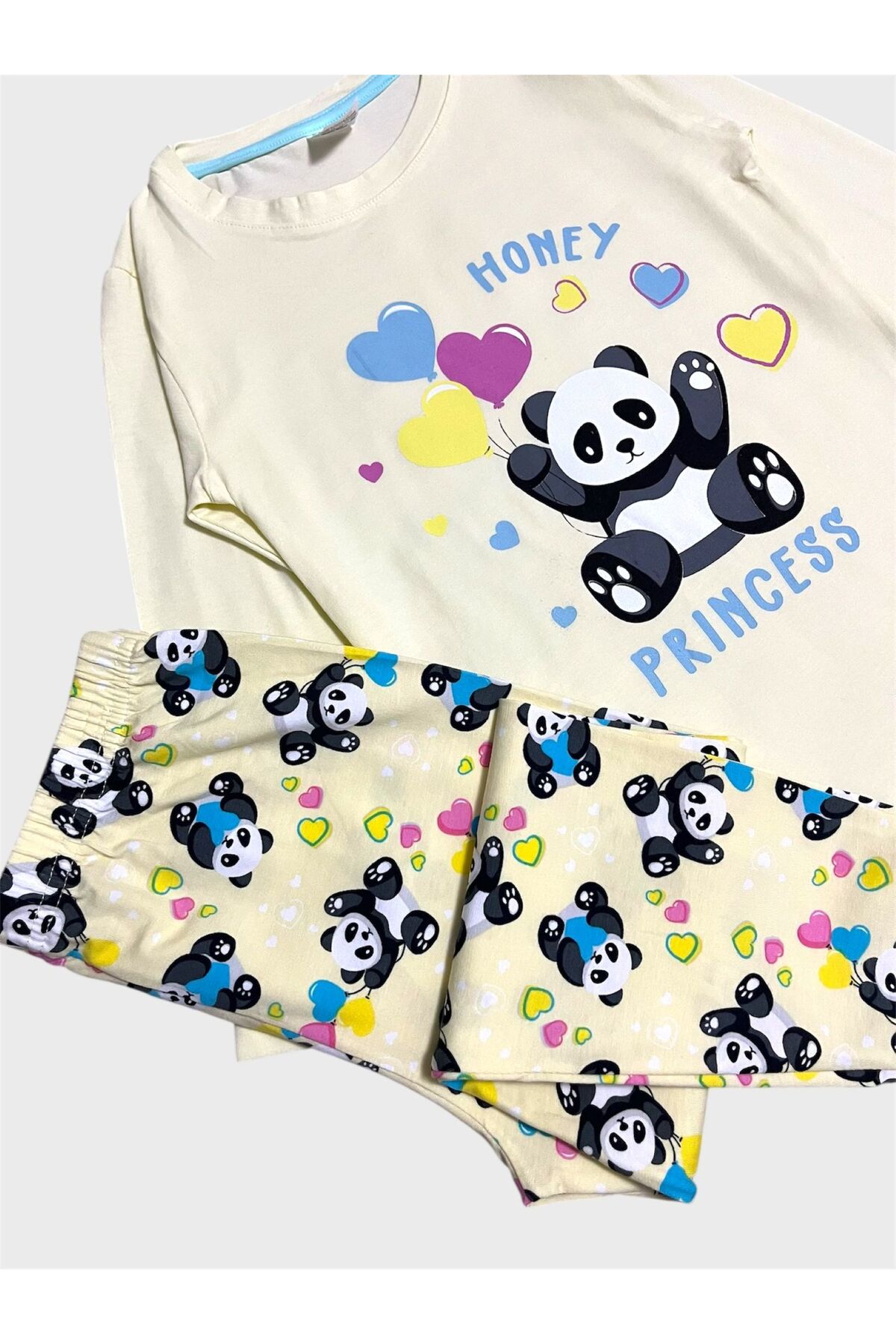 elmas kids Kız Çocuk Pamuklu Sarı Panda Desenli Mevsimlik Uzun Kollu Pijama Takımı fotoğrafı 3 (önizleme)