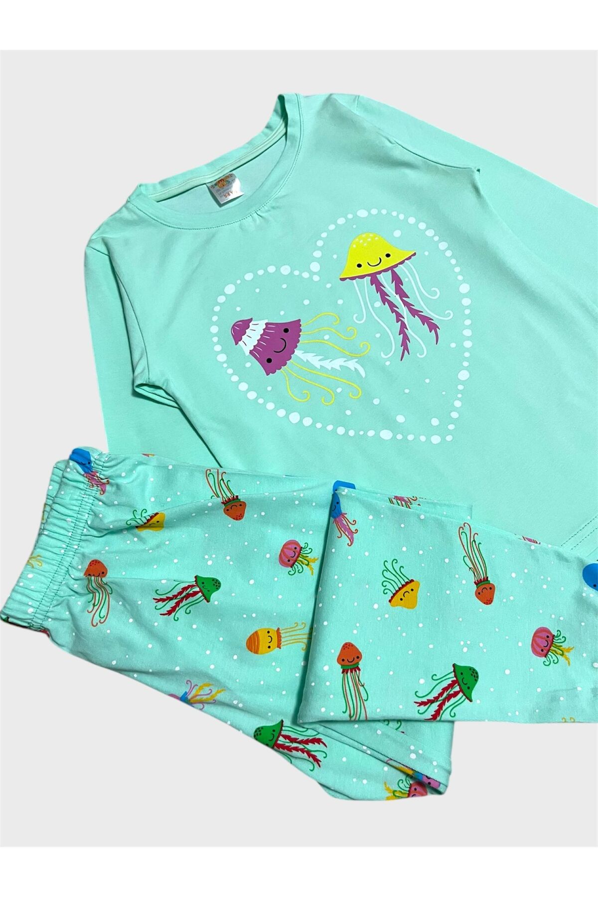 elmas kids Kız Çocuk Pamuklu Su Yeşili Deniz Anası Desenli Mevsimlik Uzun Kollu Pijama Takımı fotoğrafı 3 (önizleme)