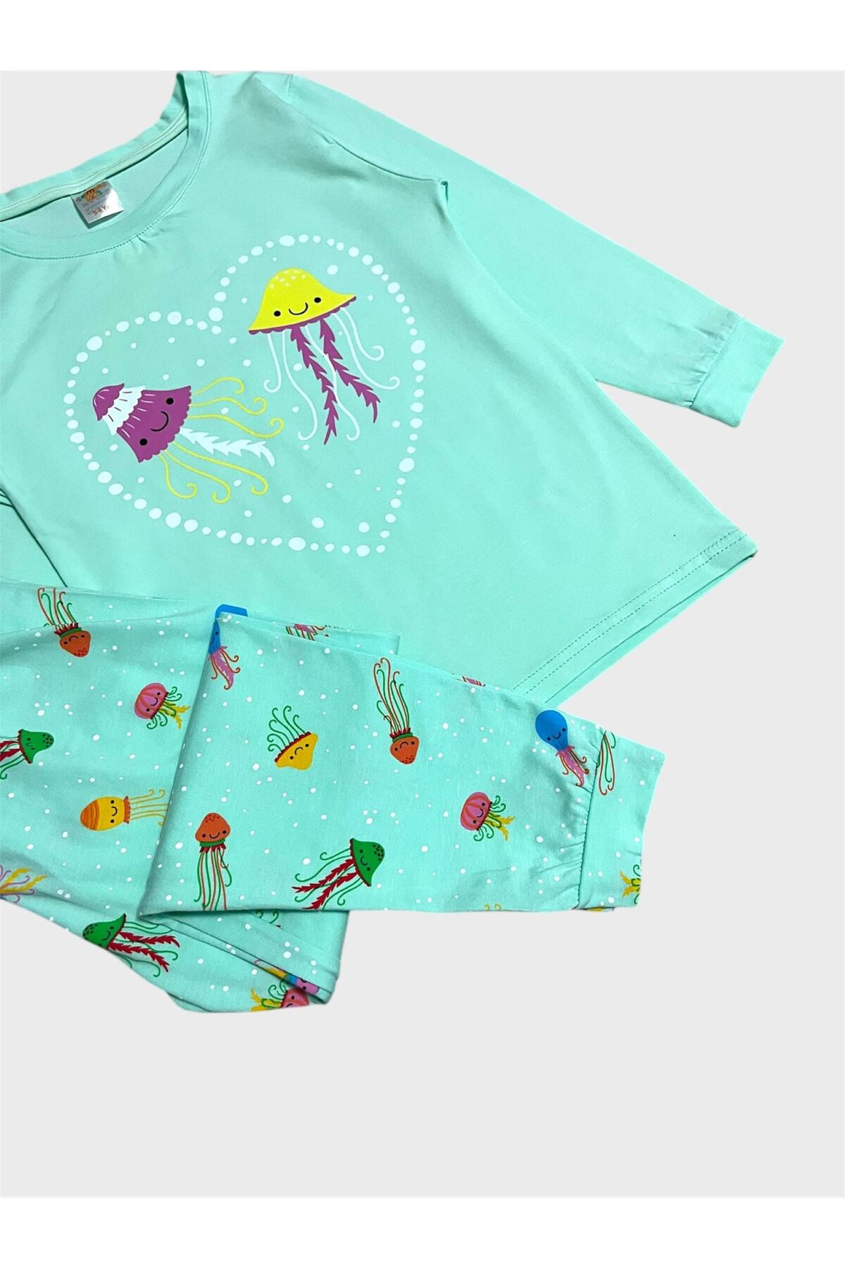 elmas kids Kız Çocuk Pamuklu Su Yeşili Deniz Anası Desenli Mevsimlik Uzun Kollu Pijama Takımı fotoğrafı 2 (önizleme)