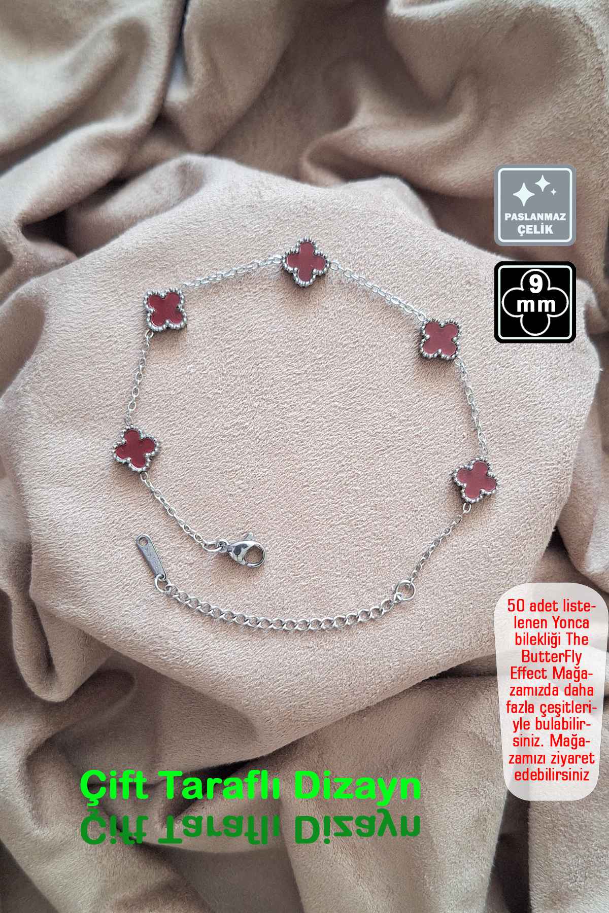 🍀4 Leaf Clover Steel Bracelet 🎨 Burgundy Silver Tiny