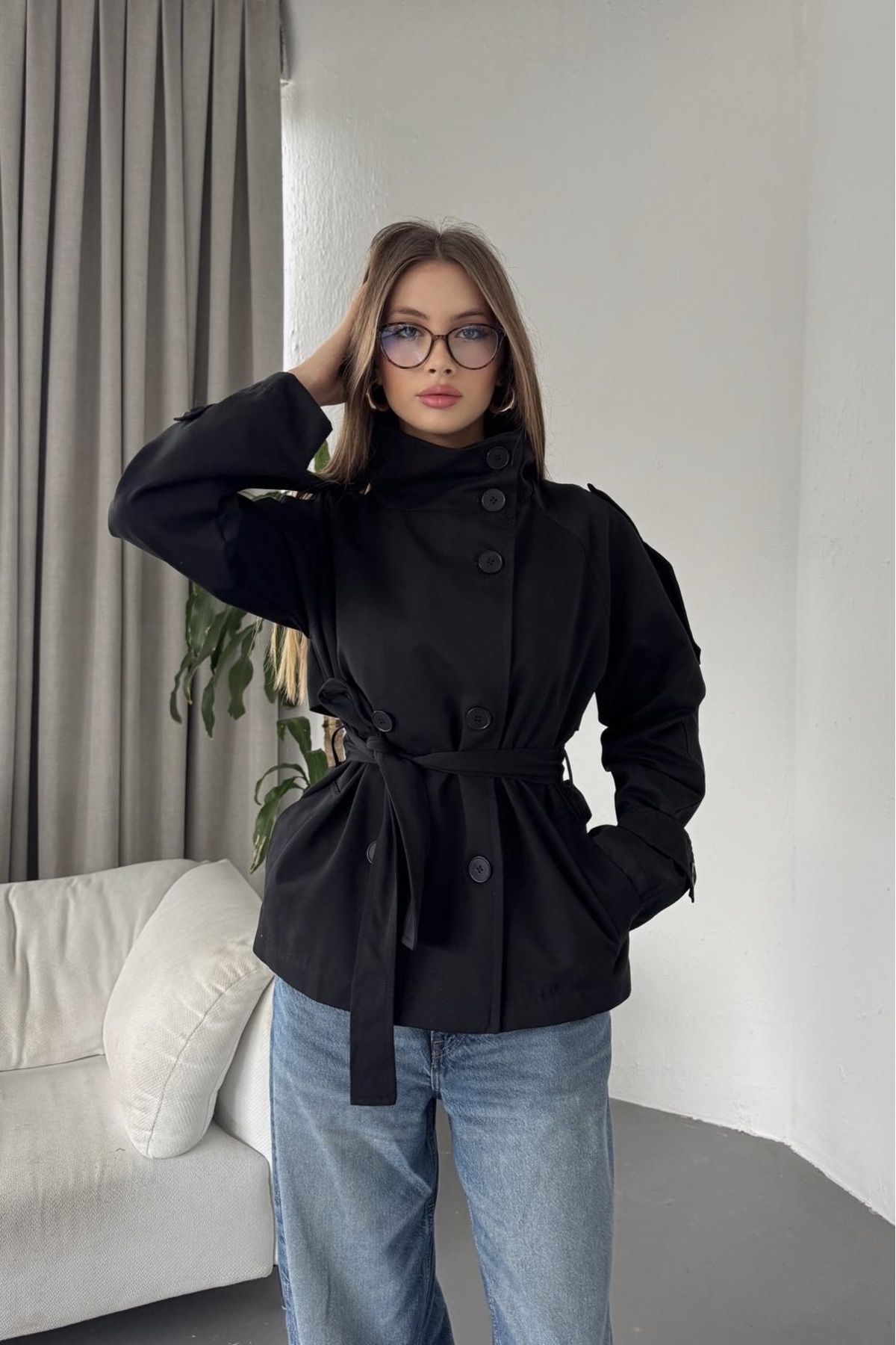 Moderk BSK MODEL DİK YAKA KISA TRENÇKOT CEKET görsel 2