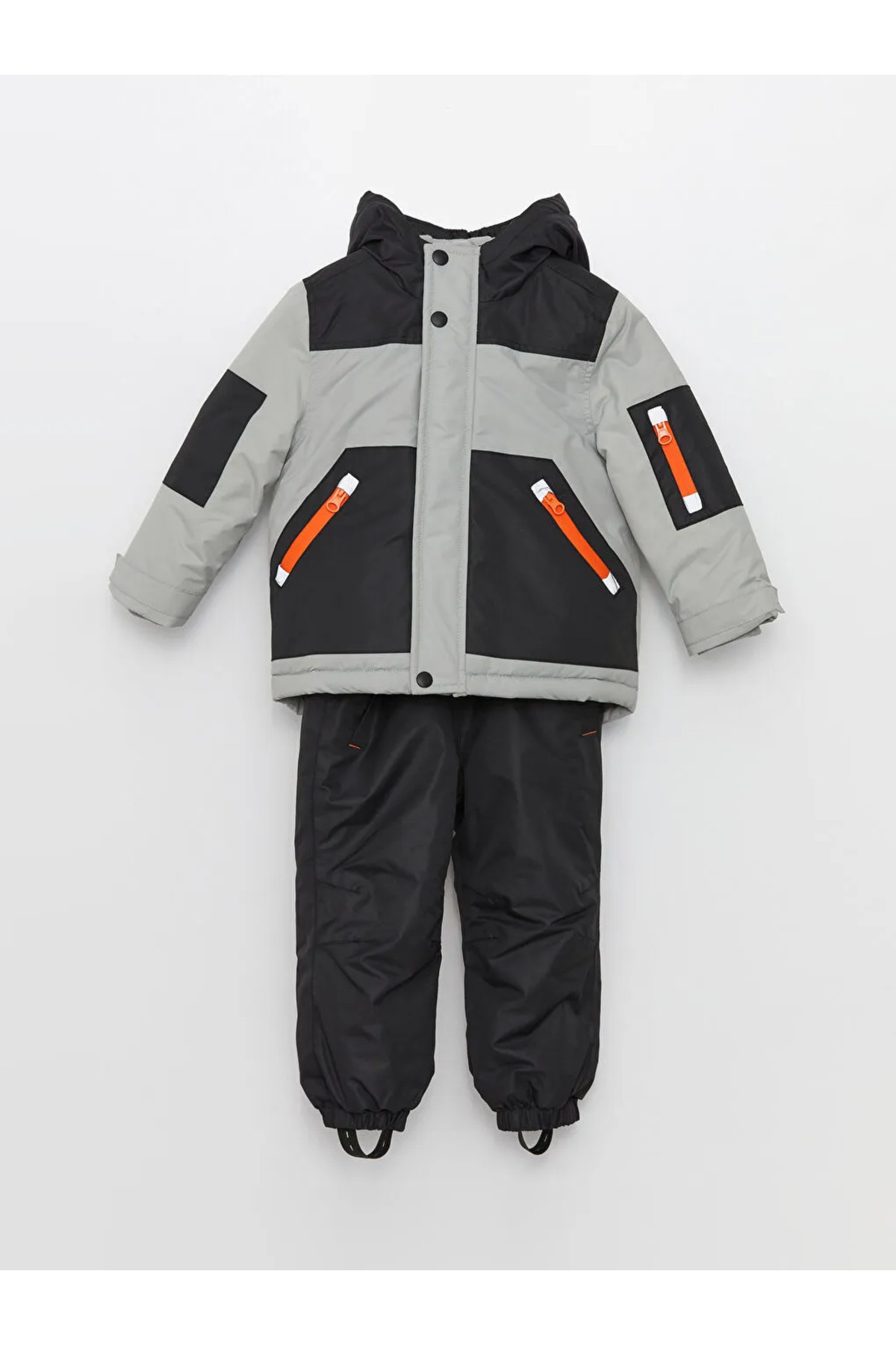 LC Waikiki LCW baby Gri Kapüşonlu Uzun Kollu Erkek Bebek Kayak Mont Ve Kayak Tulum 2'li Takım