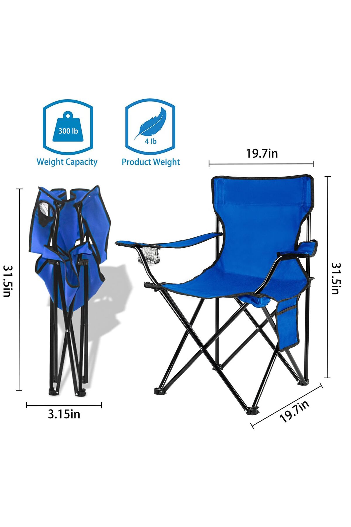 كرسي تخييم قابل للطي مع مساند للذراعين وحامل أكواب، أزرق