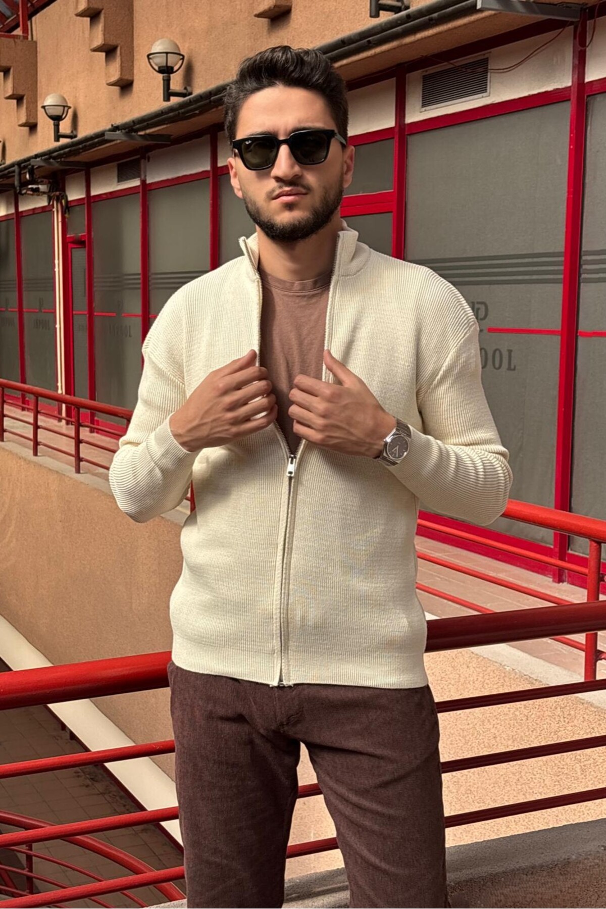 Erkek, Dik yaka, fermuarlı, esnek yapılı, fit görünüm kazak, hırka PLTK14 — بژ 25PLTK14 — تصویر 4 از 6