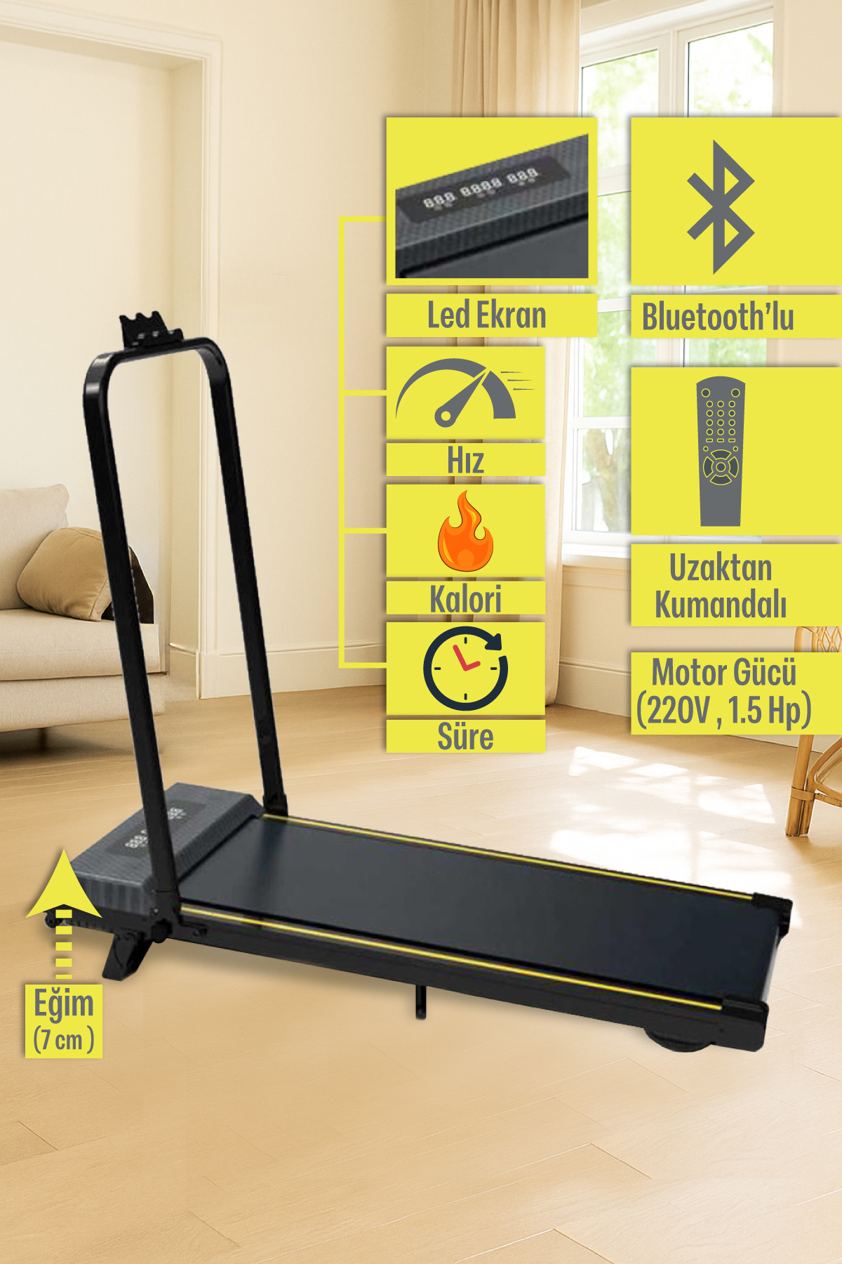 Blooma Bluetooth’lu Katlanabilir Yürüyüş ve Koşu Bandı 1.5 HP Motor, LED Ekran, Uzaktan Kumandalı