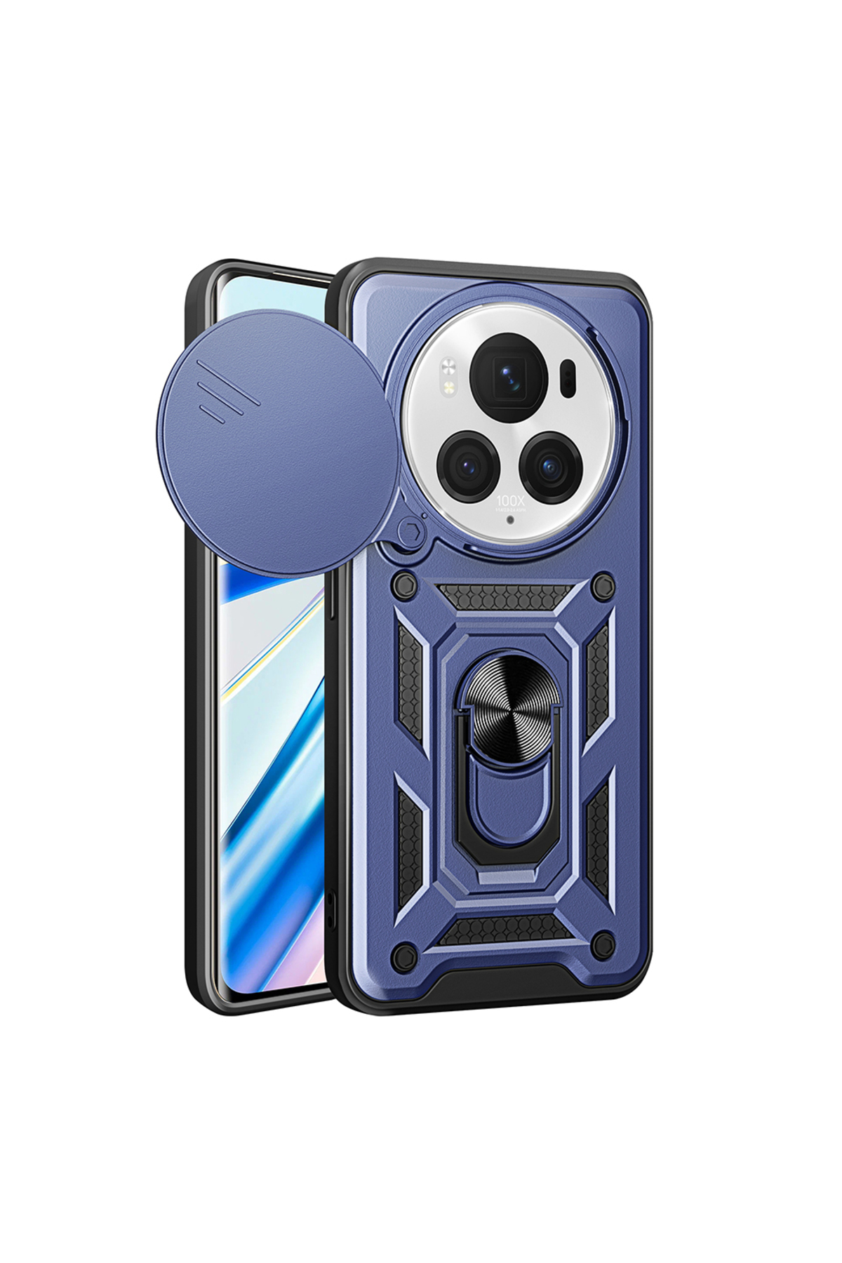 Honor Magic 6 Pro Uyumlu Kılıf Magnetik Standlı Kamera Korumalı JoieCreatif Sürgülü Vega Kapak-Mavi