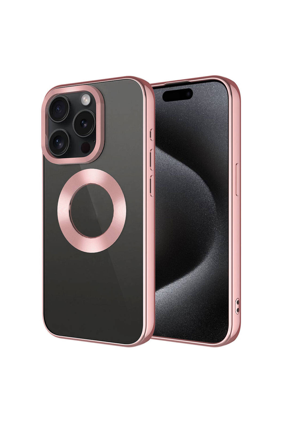 iPhone 15 Pro Max Uyumlu Tek Kamera Çerçeveli Logo Gösteren N7TH Omega Kılıf-Rose Gold