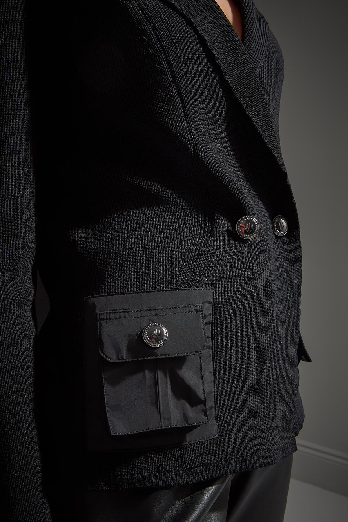 Join Us  Ribli Kumaş Cep Detaylı Siyah Triko Ceket - Görsel 5