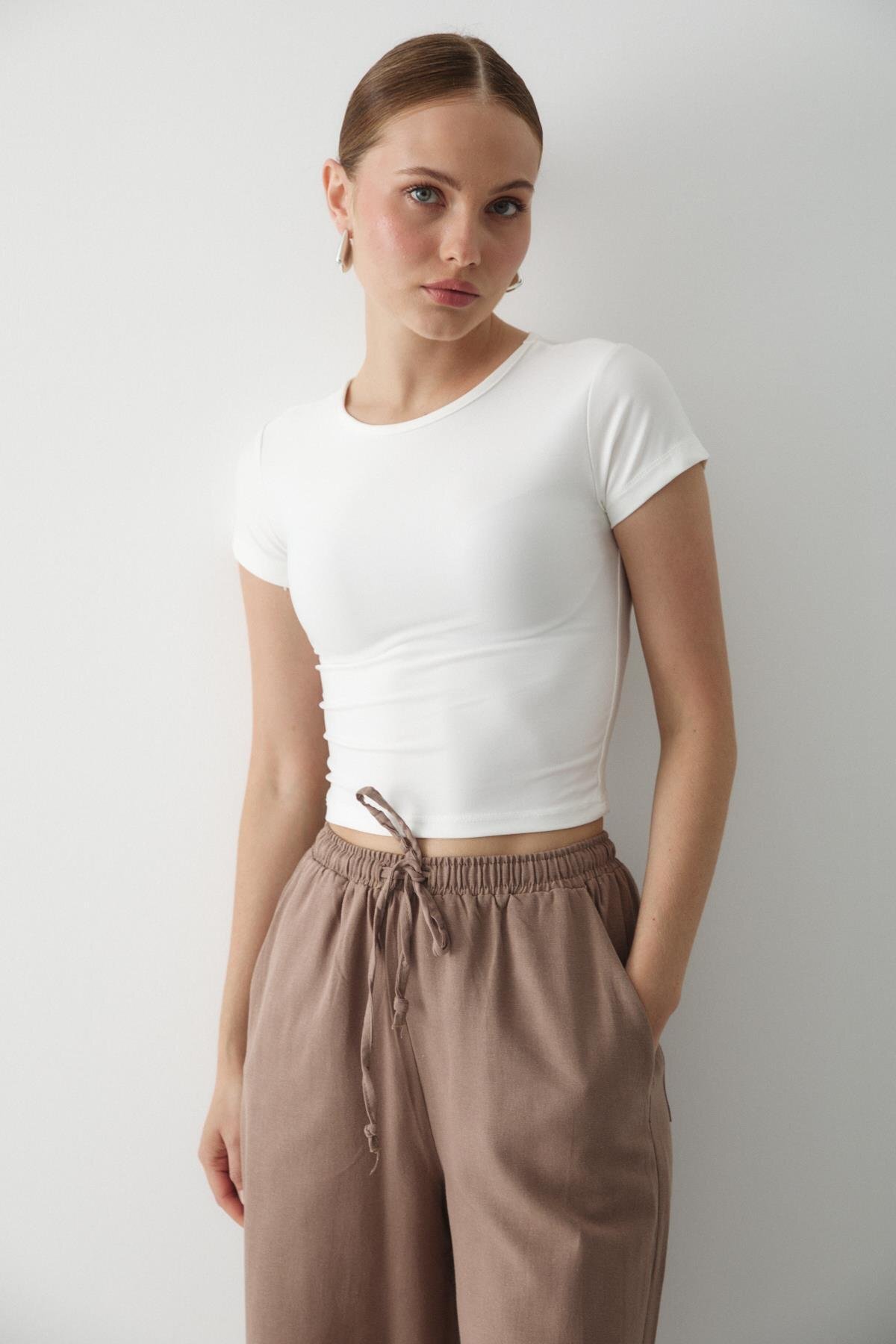 Laluvia  Vizon Beli Lastikli Pamuklu Keten Pantolon - Görsel 2