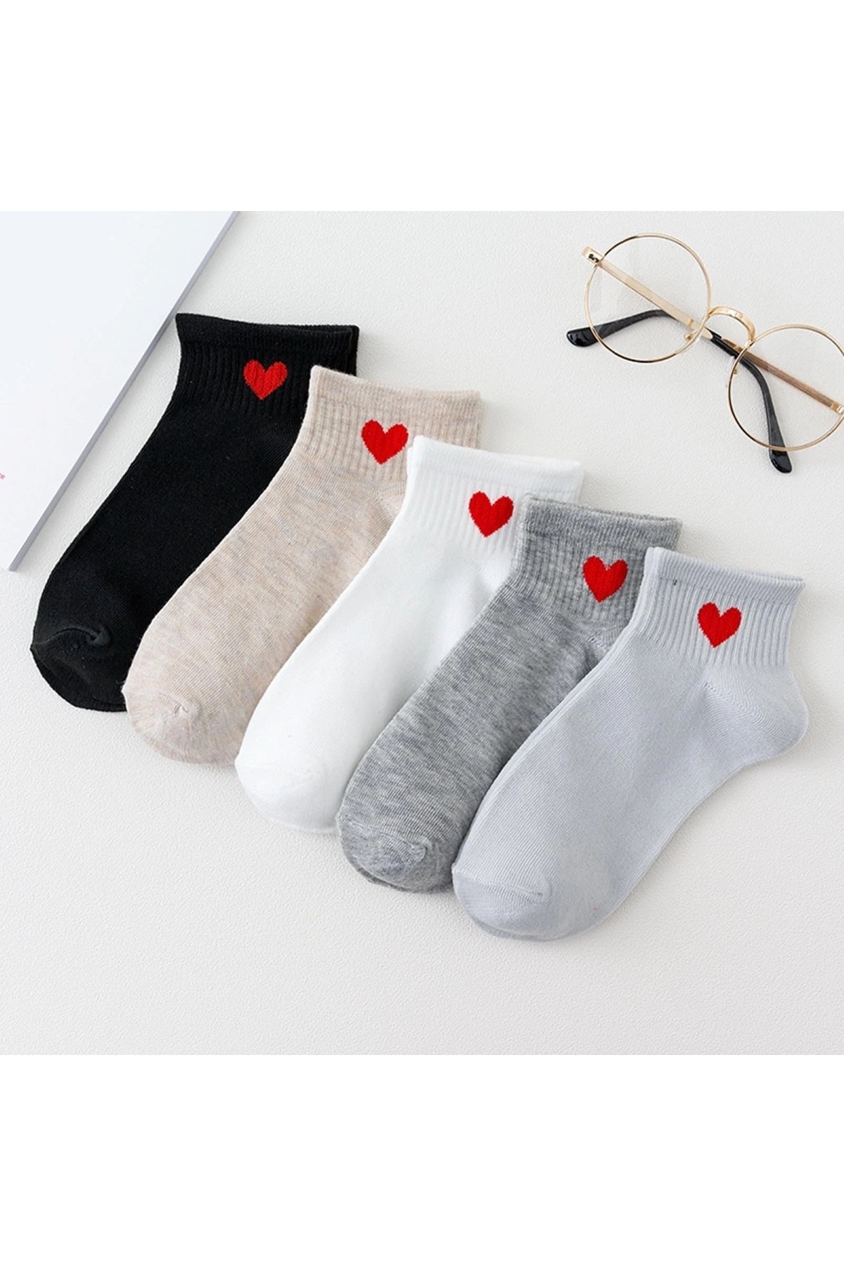 WORTHY SOCKS 5dílné kotníkové ponožky se vzorem srdce - párová sada