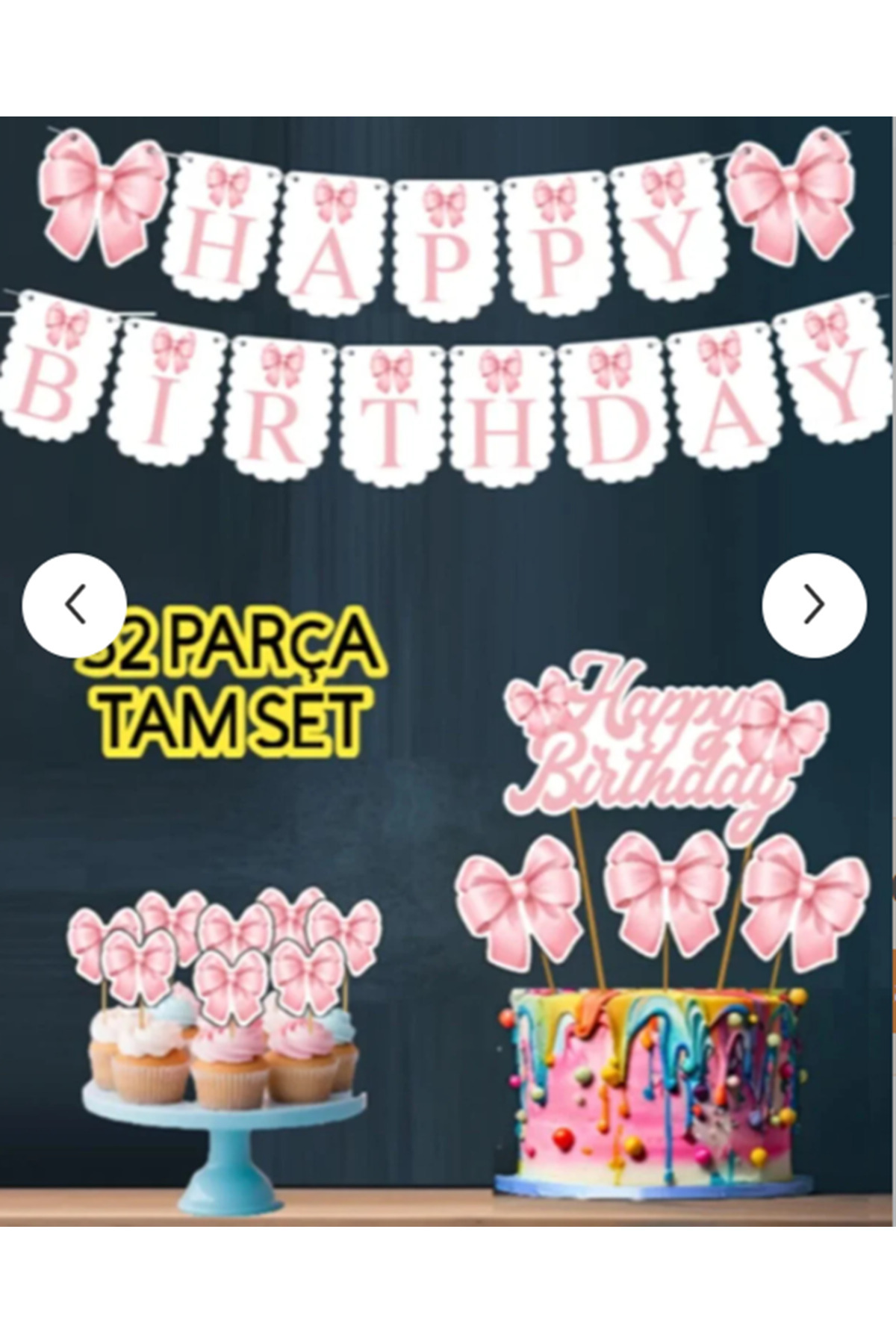 Hiras Dizayn 32 Parça Tam Set Pembe Fiyonk Kurdele Doğum Günü Süs Seti Banner+ Pasta Kürdanı+ Cupcake Süsü Seti