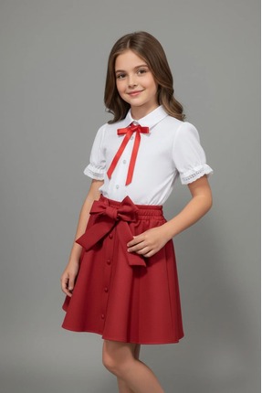 nacar çarşı Kız Çocuk Fırfır Detaylı Kırmızı Etek ve Dantelli Beyaz Gömlek 23...