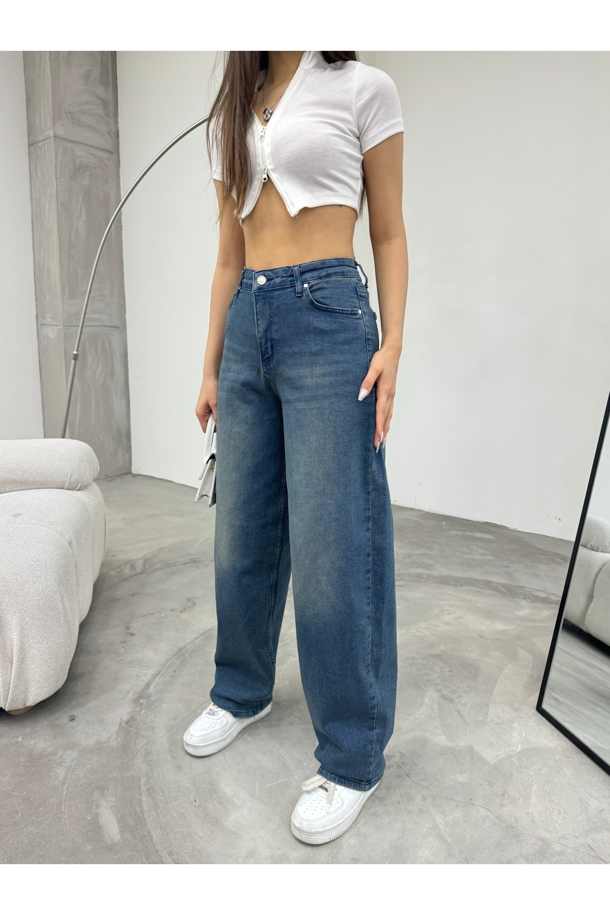 BİKELİFE Damskie luźne szerokie nogawki z efektem jasnego efektu, wygodne, luźne dżinsy typu baggy