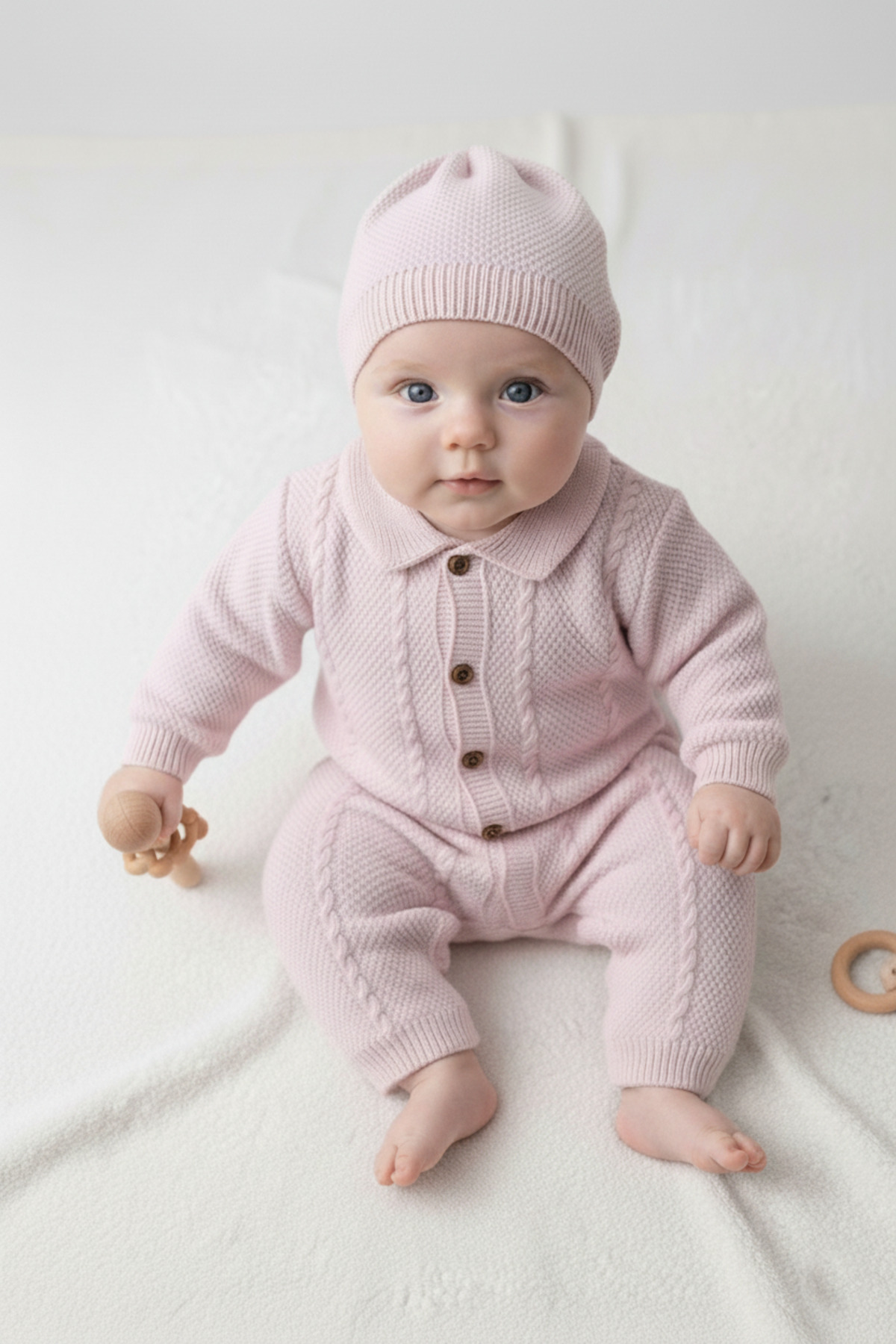 Çocuksan Baby&Kids Wear Kız Erkek Unisex Bebek Örme Düğme Detaylı Şapkalı Triko Yenidoğan Tulum Takımı fotoğrafı 2 (önizleme)