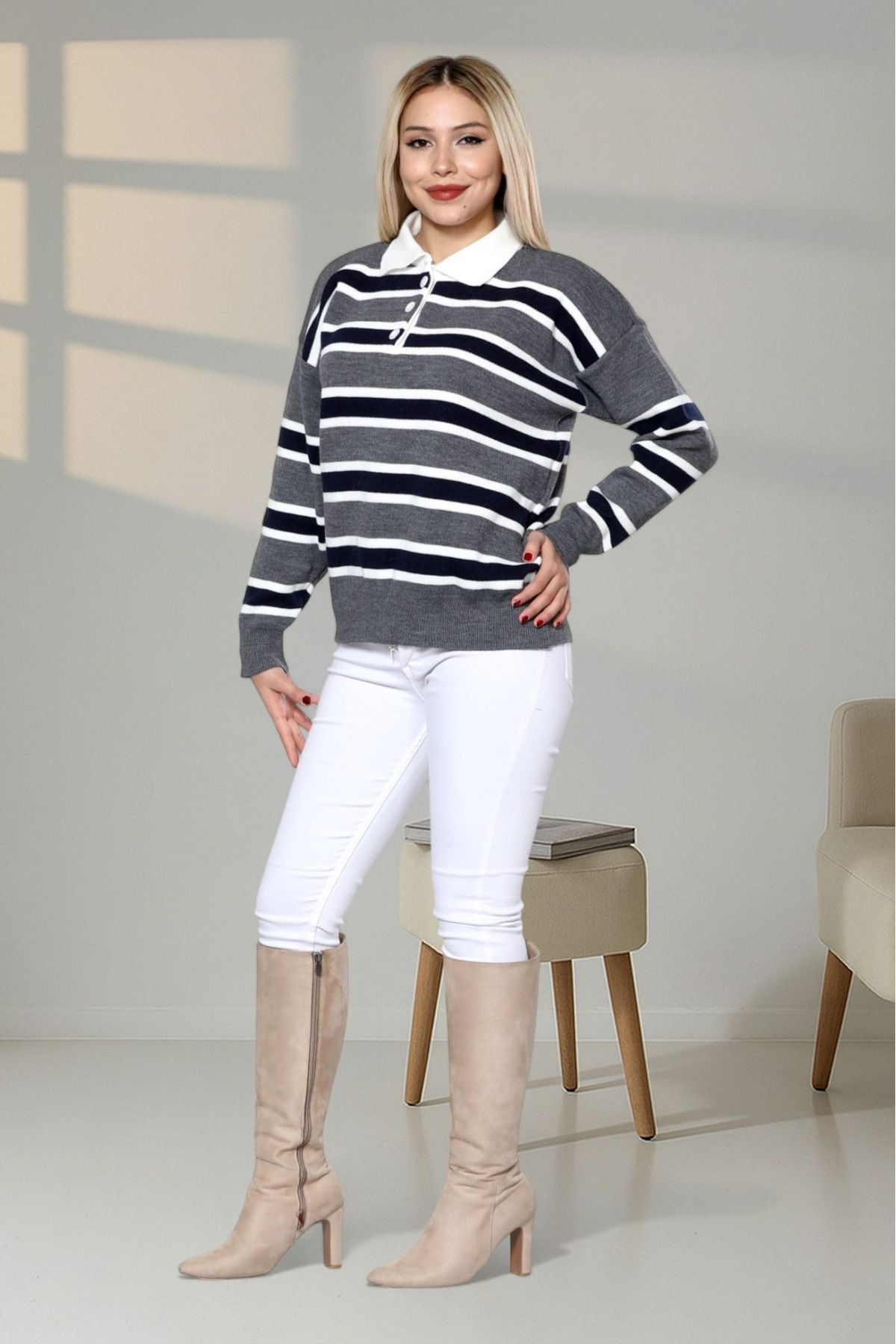 Gülce moda  Düğmeli Polo Yaka Çizgili Oversize Triko Kazak - Görsel 4