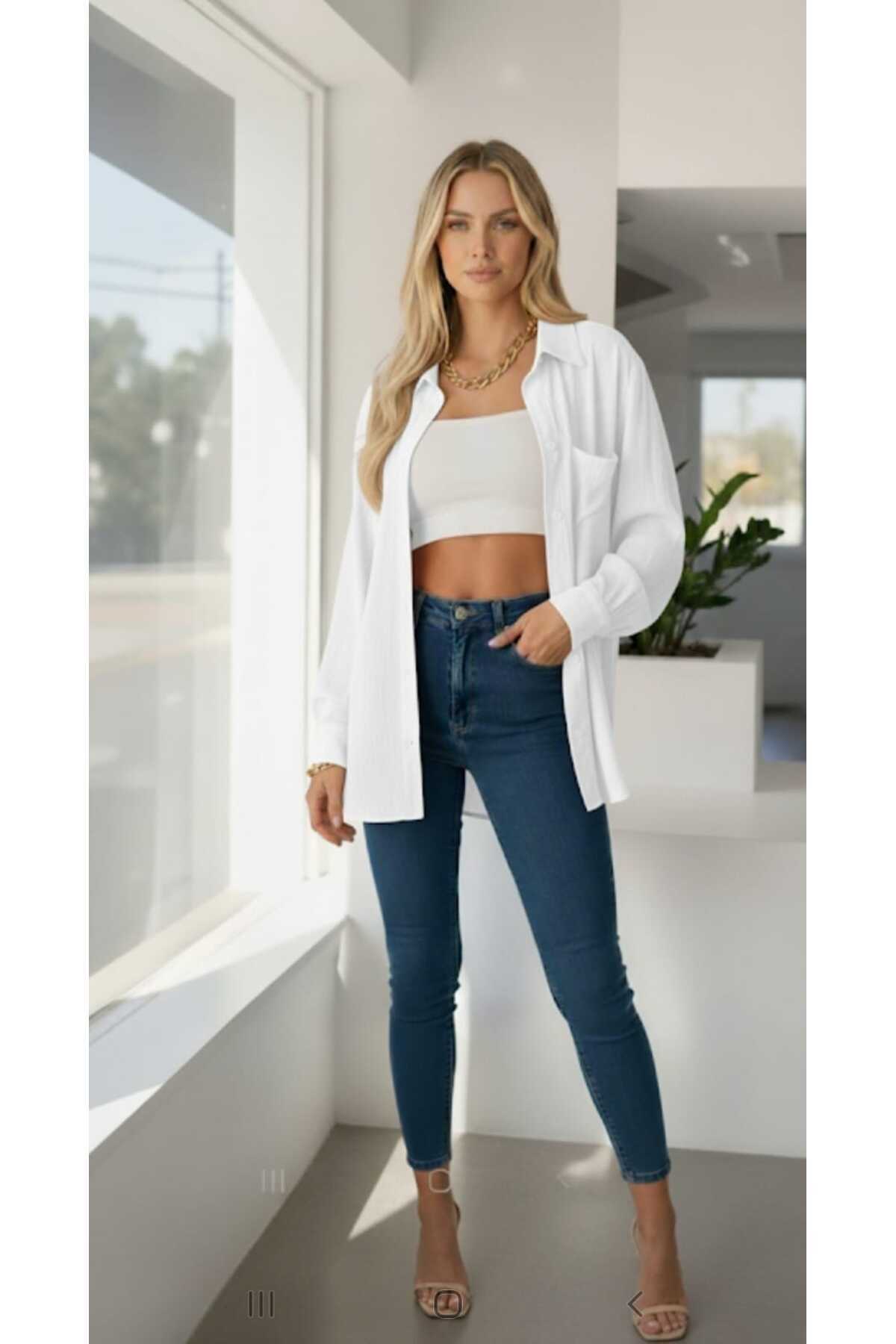 blackbonds  Kadın beyaz Keten Gömlek Yazlık Oversize Gömlek Yeni Sezon - Görsel 4