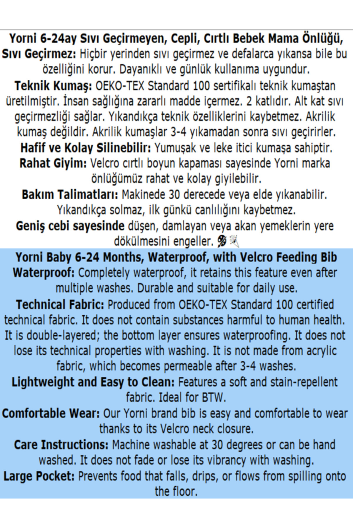 yorni Alt Açma Hediyeli, 6-24ay, Boyundan Cırtlı, Family, Sıvı Geçirmez, Cepli, Yıkanabilir, Bebek Önlüğü fotoğrafı 5 (önizleme)