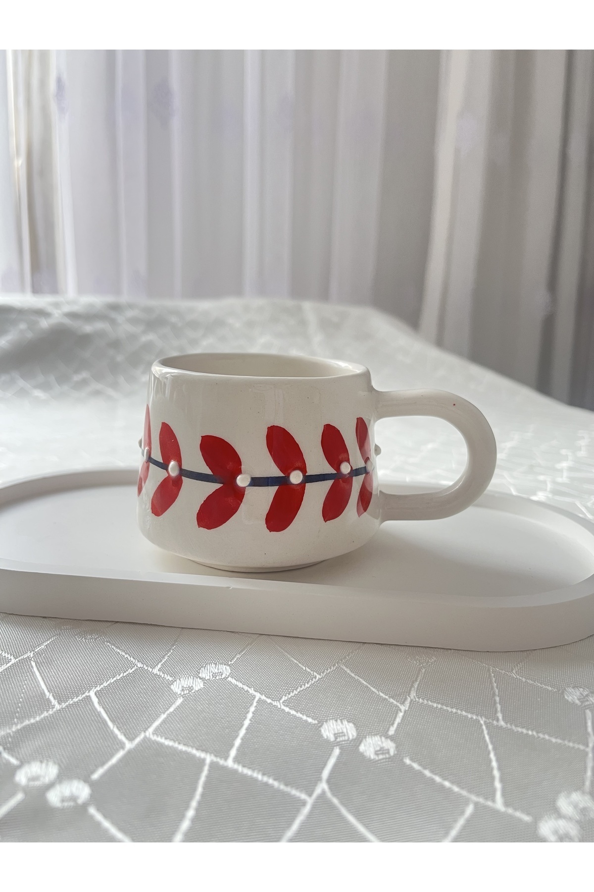 Kırmızı Yaprak Desenli Kupa Bardak Çay Kahve Fincanı