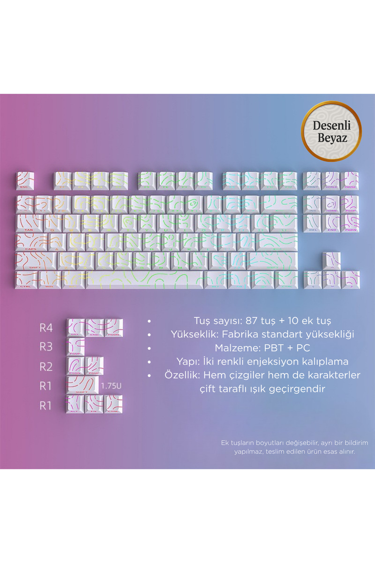 Leaven Mekanik Klavye Kontur Keycaps Seti- 97 Tuş Şeffaf RGB Uyumlu Çizgili Tuş Takımı