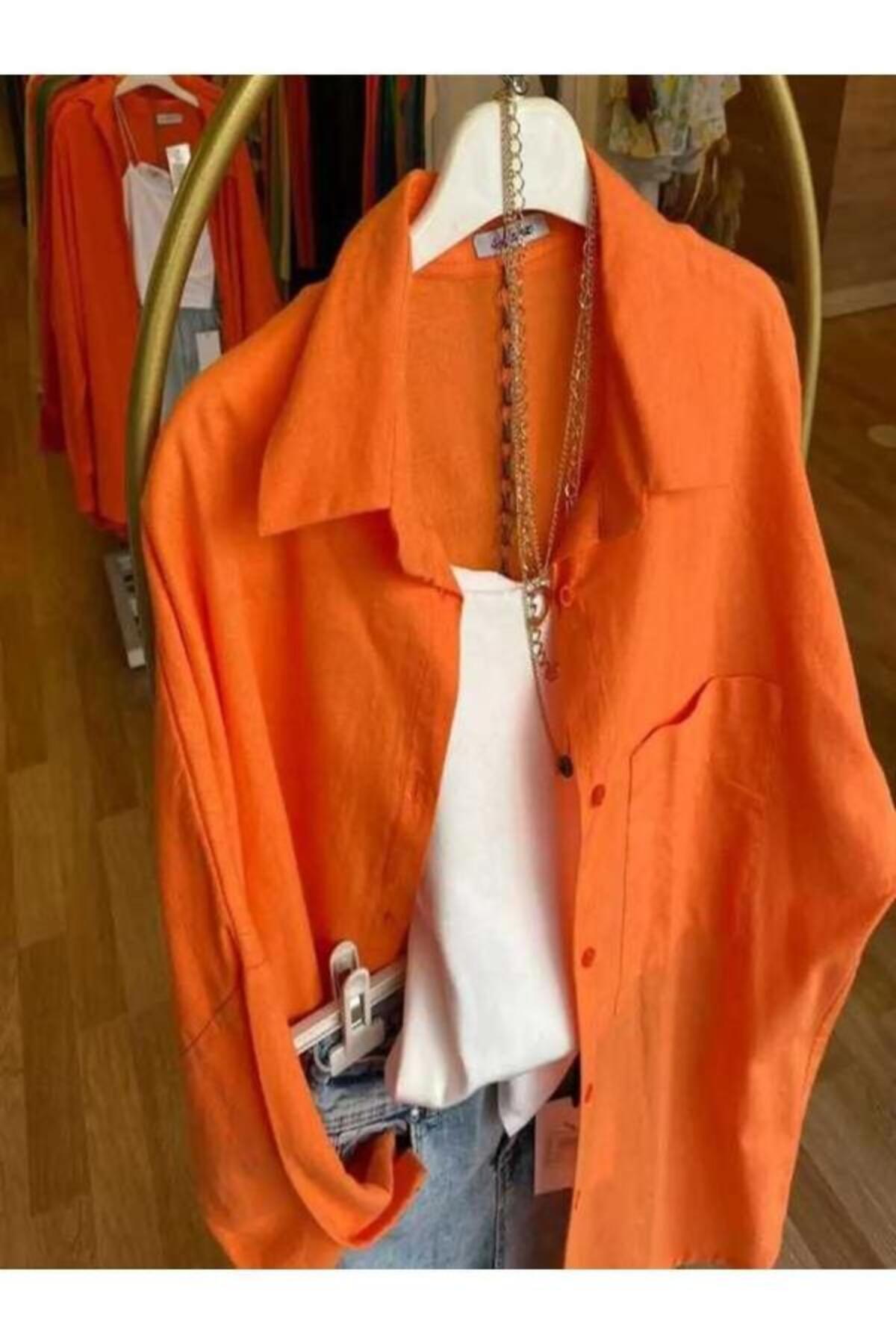 blackbonds  Kadın Keten turuncu Gömlek Yazlık Oversize Gömlek Yeni Sezon - Görsel 4