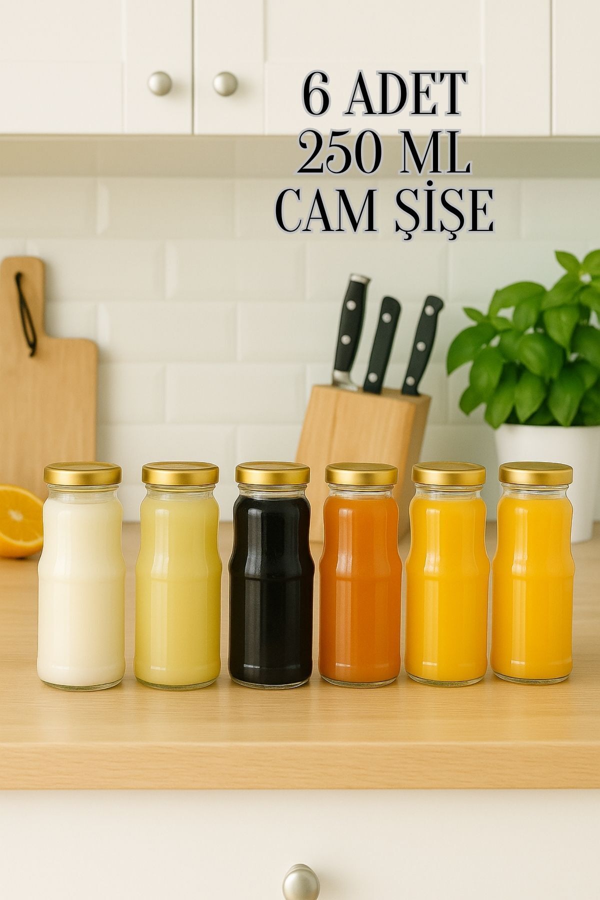 Rotanev 6 Adet 250 ML Şeffaf Sürahi Süt, Ayran, Su, Limonata, Meşrubat Şişesi Metal Gold Kapaklı Cam Şişe