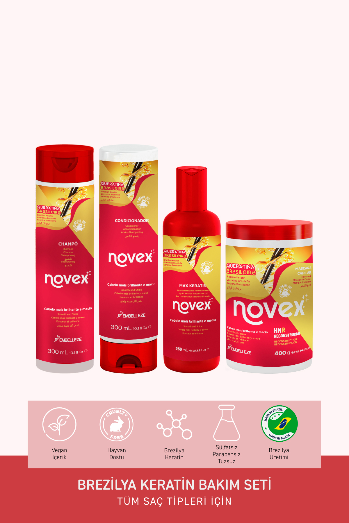 NOVEX Brezilya Keratin - Şampuan 300ml Saç Kremi 300ml Saç Maskesi 400g Sıvı Keratin 250ml - — 87612000268813