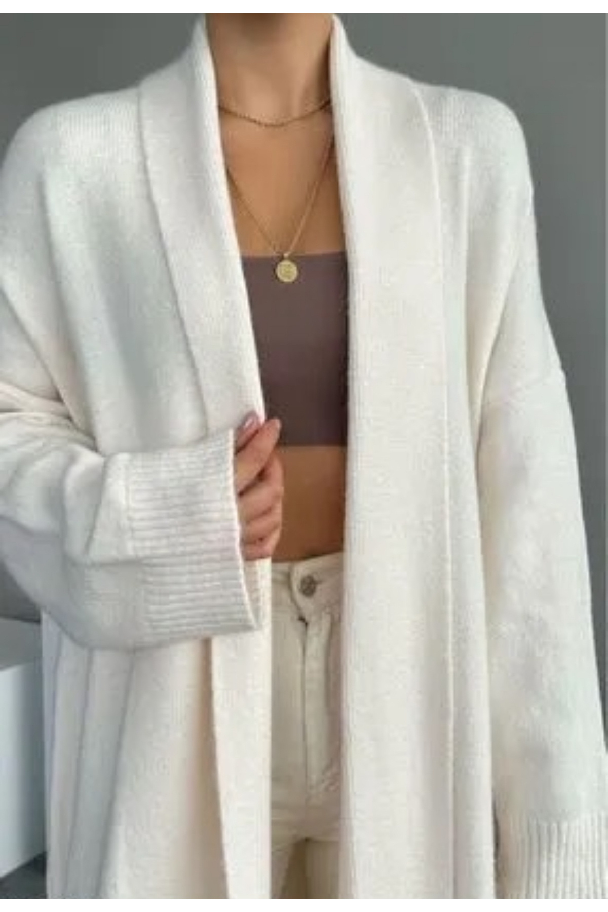 Vaveyla Kadın Krem Şal Yaka Uzun Triko Hırka | Oversize & Rahat Model görsel 5