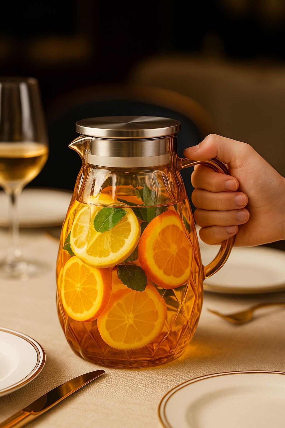 MadaMelya Termisil Isıya Dayanıklı Metal Kapaklı Sürahi 1800 Ml 5091 Süzgeç Başlıklı Sürahi Şık Tasarım