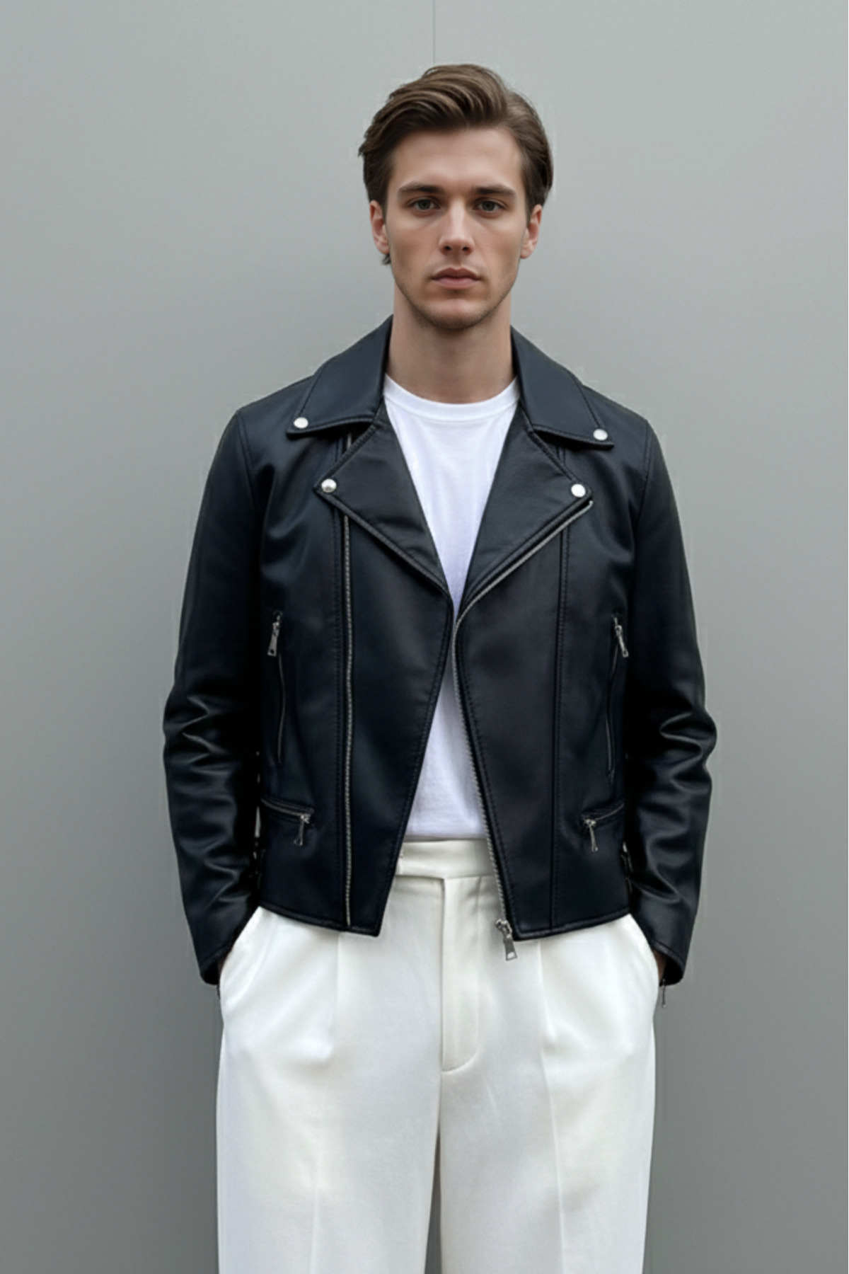 Mach  Erkek Çapraz Fermuarlı Dar kesim İçi Kürklü Deri Ceket - Görsel 3